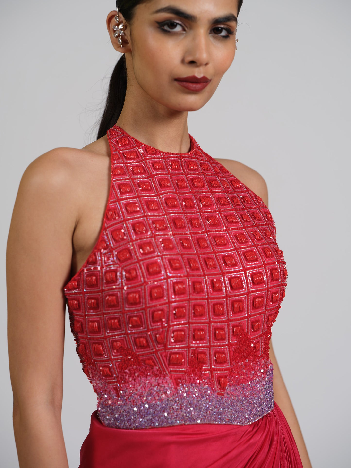 Red Scarlet Drape Gown With Ombre Embroidery