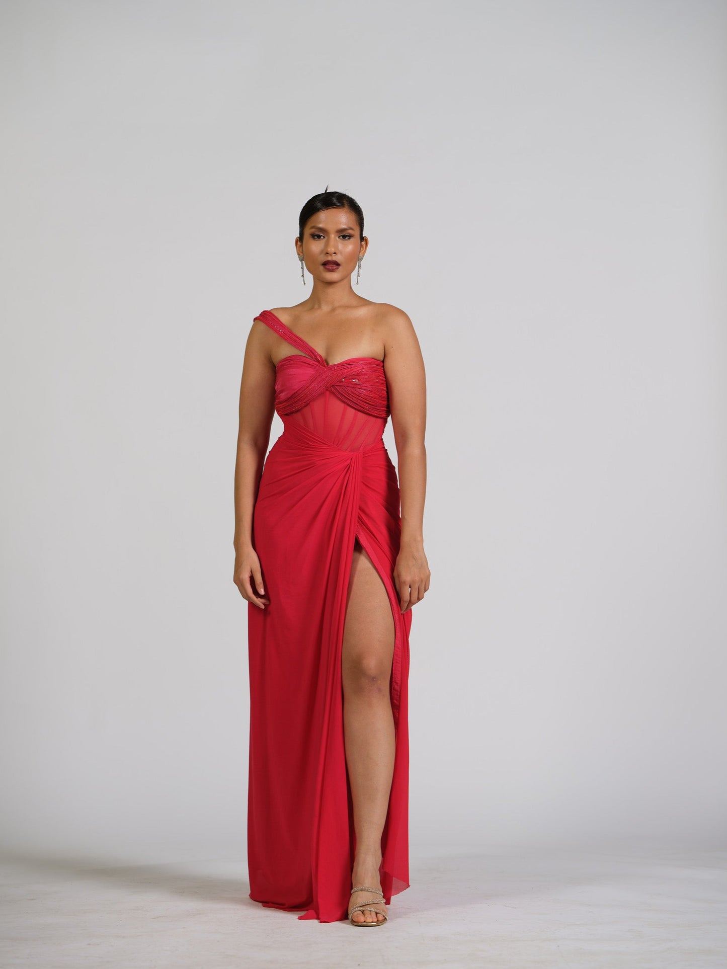Demure Corset Gown With Sculpted Shoulder Strap ,overlap Drape
