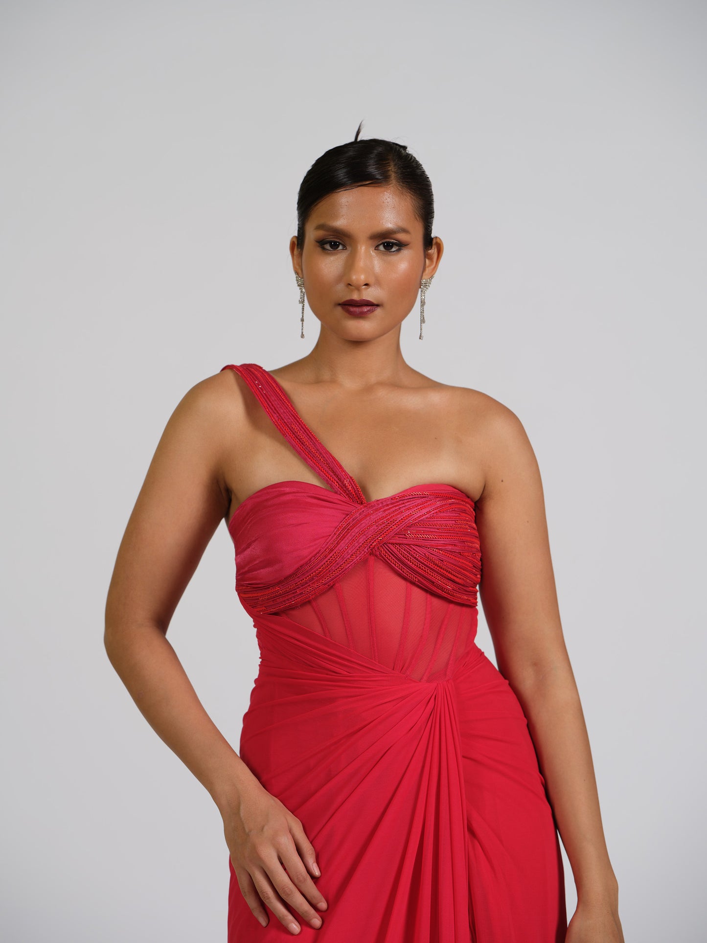 Demure Corset Gown With Sculpted Shoulder Strap ,overlap Drape