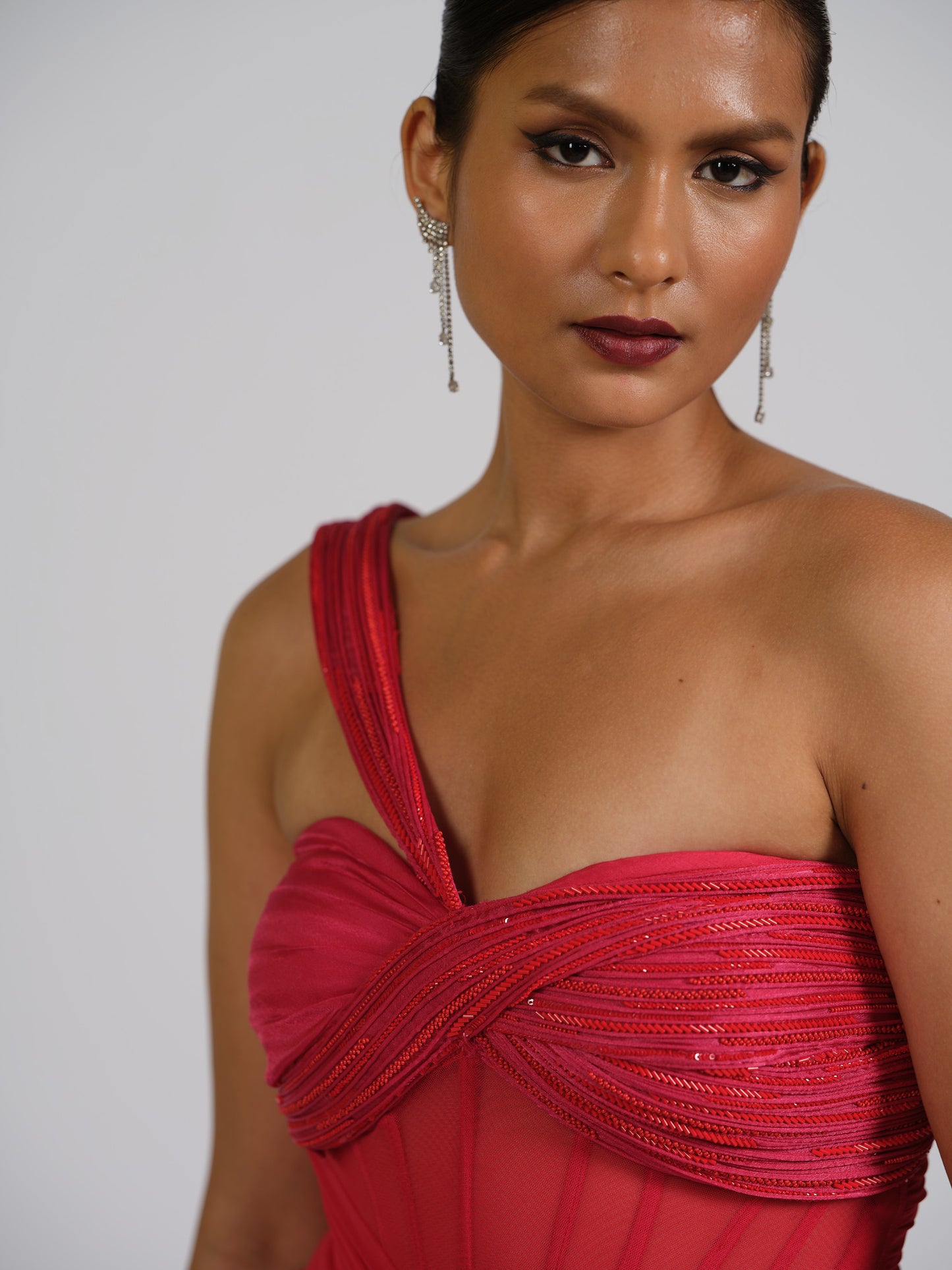 Demure Corset Gown With Sculpted Shoulder Strap ,overlap Drape