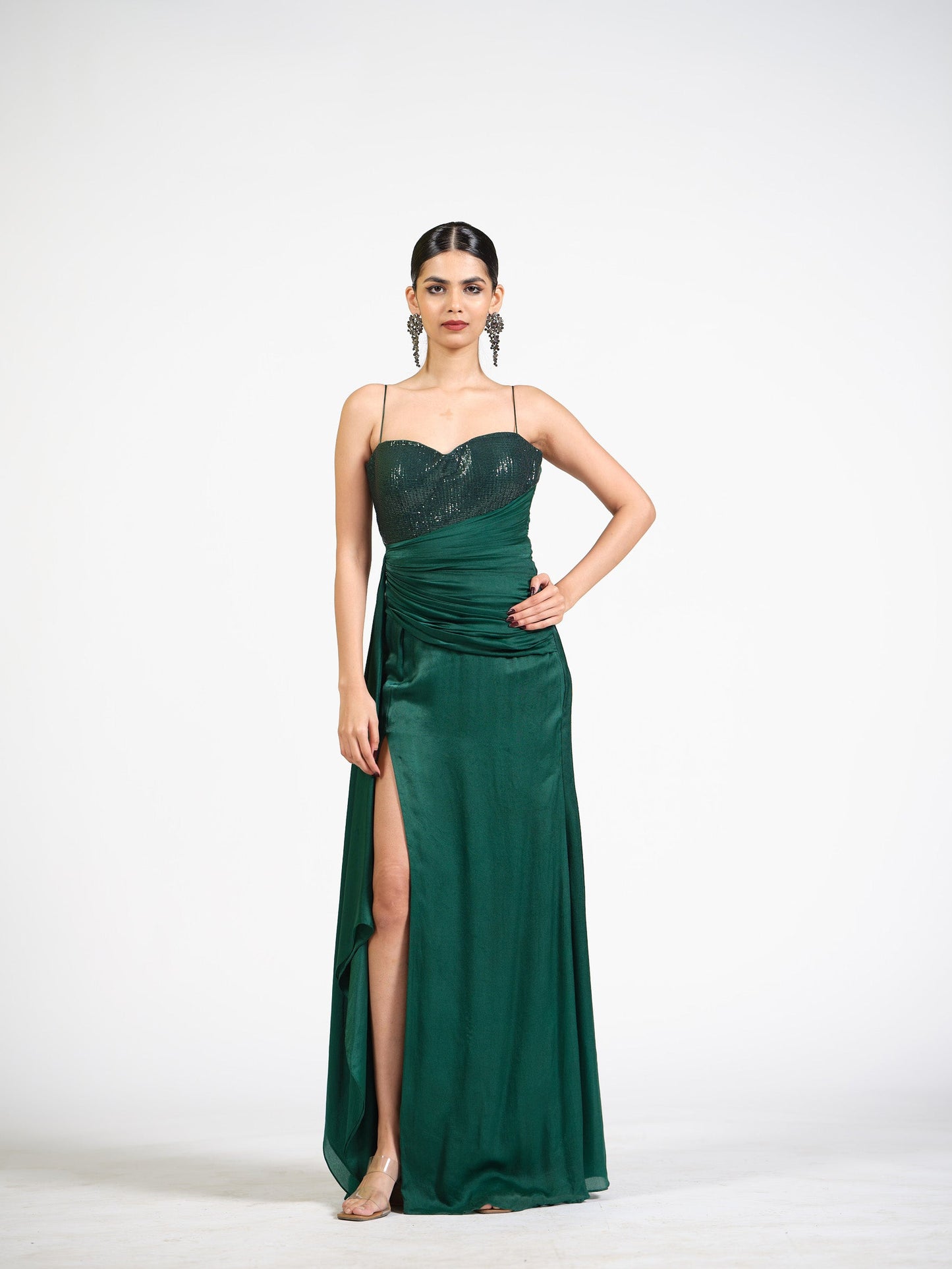 Celeste Cascade Green Drape Gown With Sequin Bustier Detailing