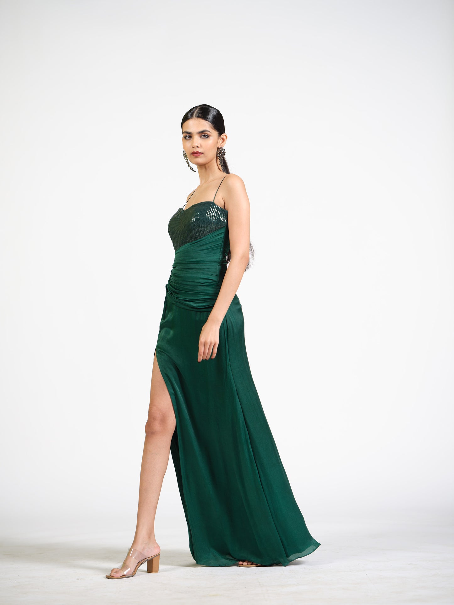 Celeste Cascade Green Drape Gown With Sequin Bustier Detailing