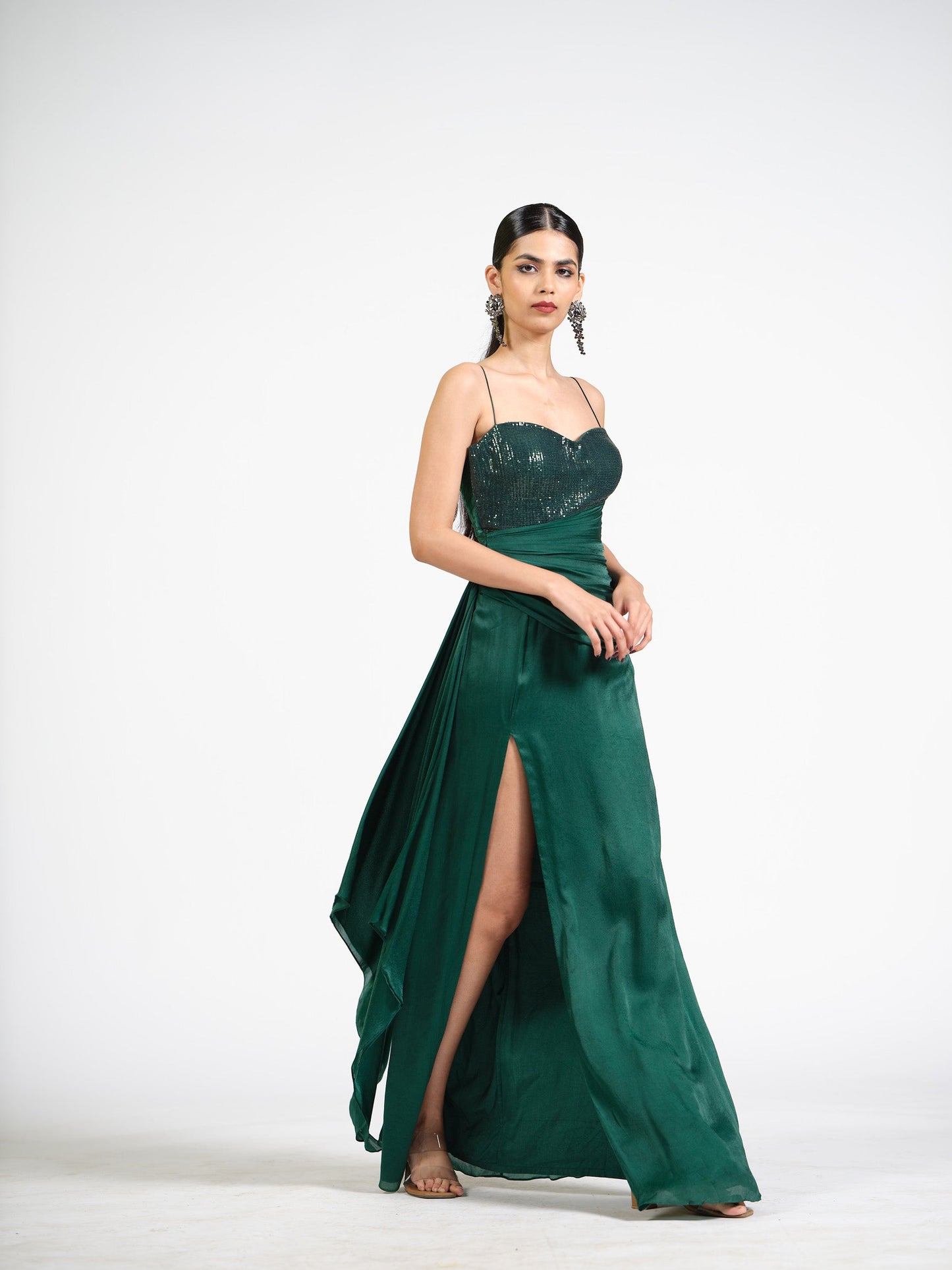 Celeste Cascade Green Drape Gown With Sequin Bustier Detailing