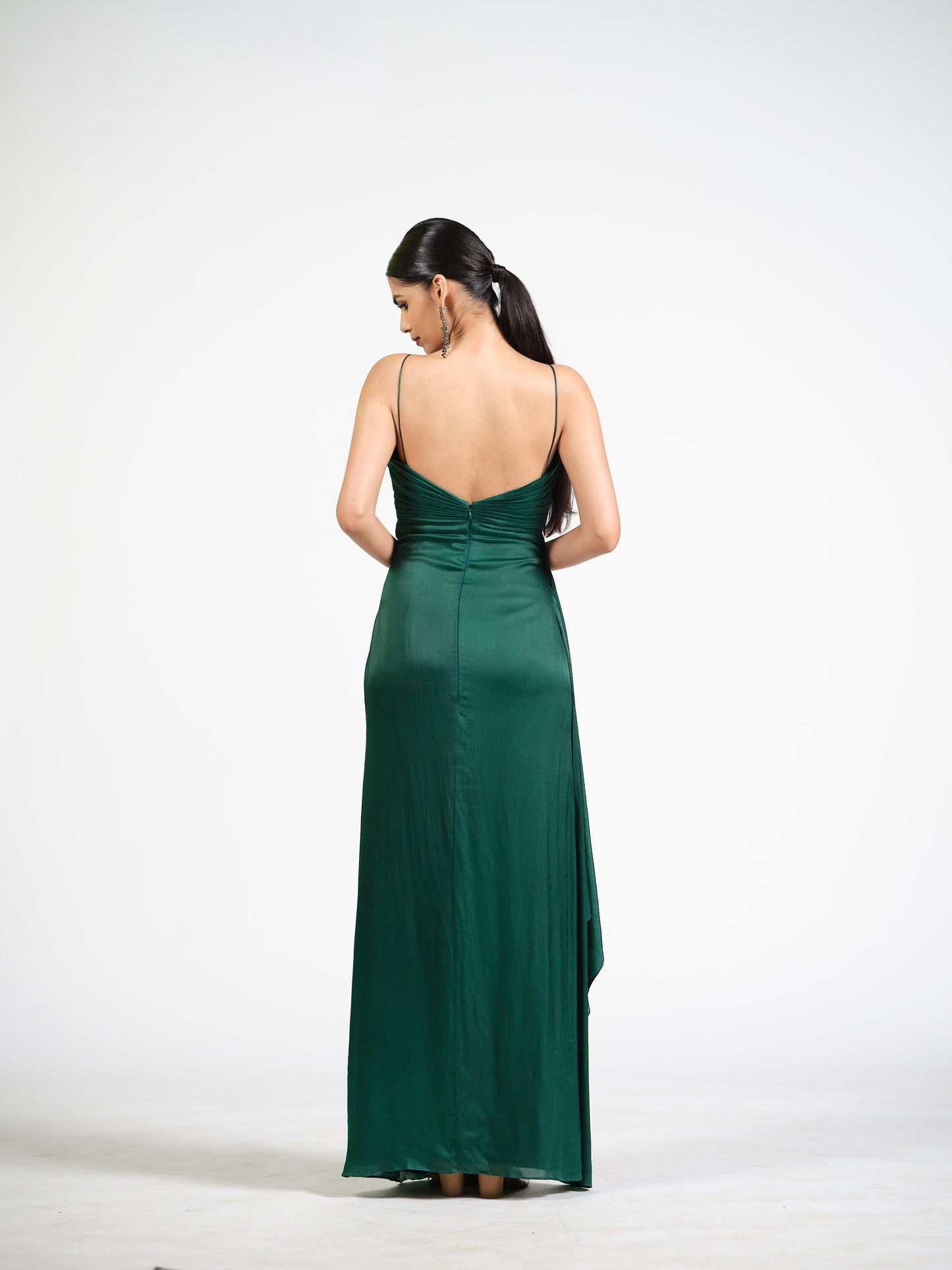 Celeste Cascade Green Drape Gown With Sequin Bustier Detailing