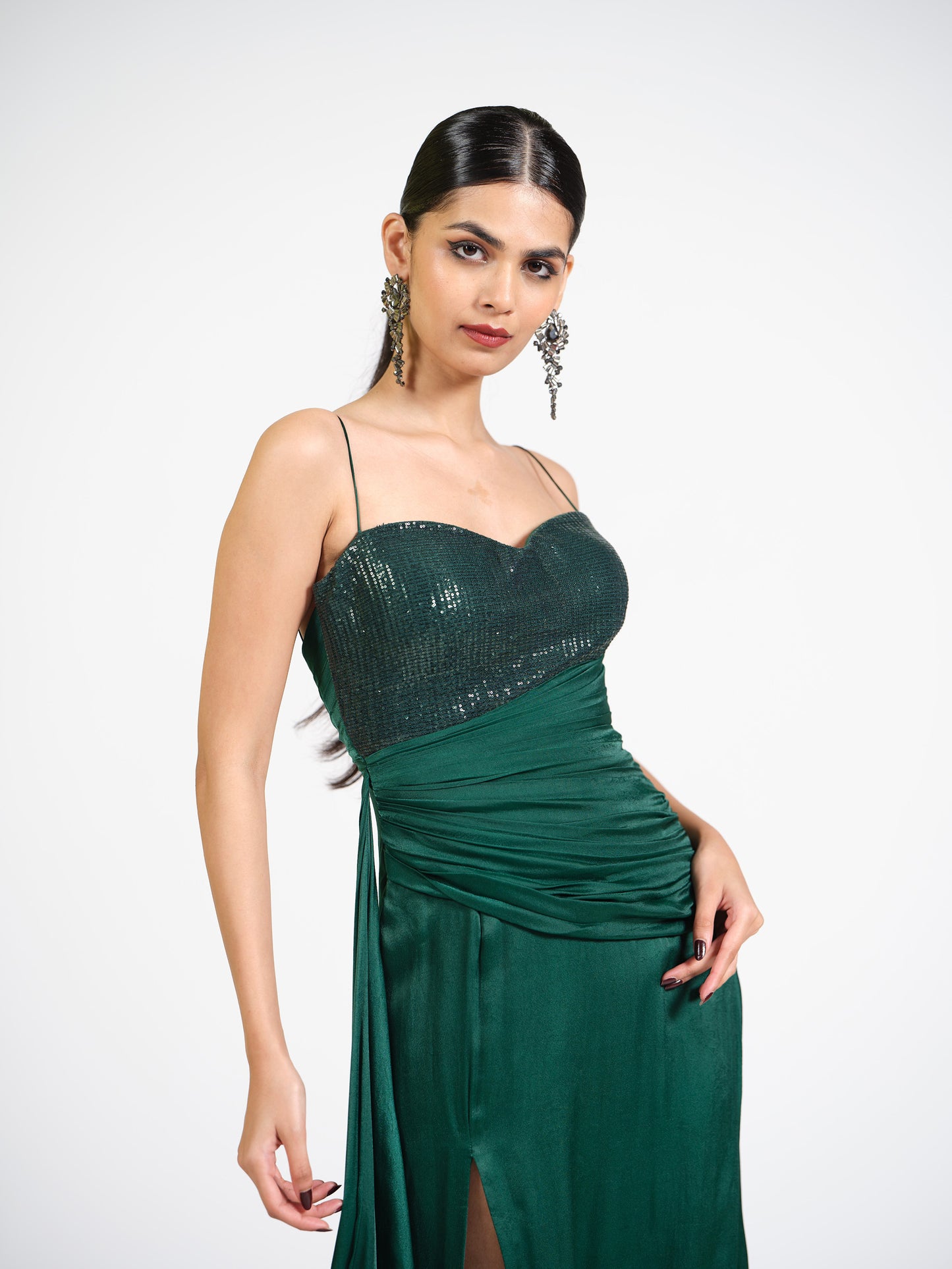 Celeste Cascade Green Drape Gown With Sequin Bustier Detailing