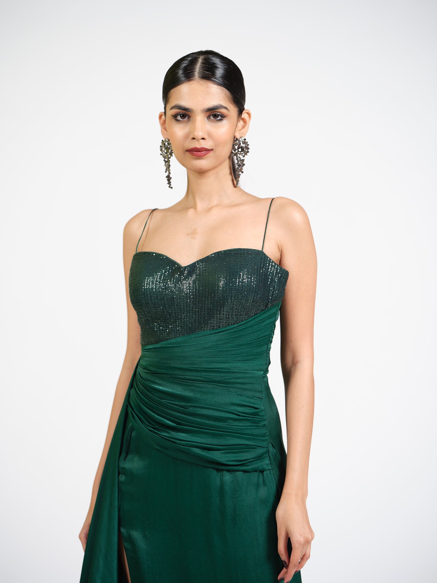 Celeste Cascade Green Drape Gown With Sequin Bustier Detailing
