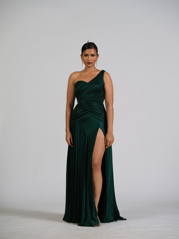 Astra Curve Green One Shoulder Drape Gown With Strappy Back