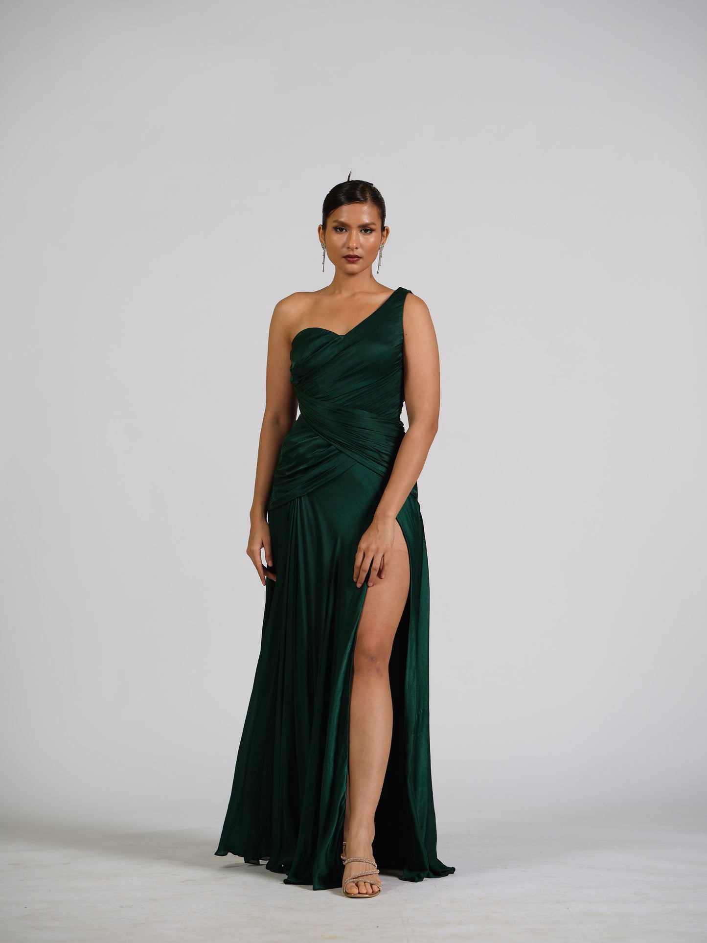 Astra Curve Green One Shoulder Drape Gown With Strappy Back