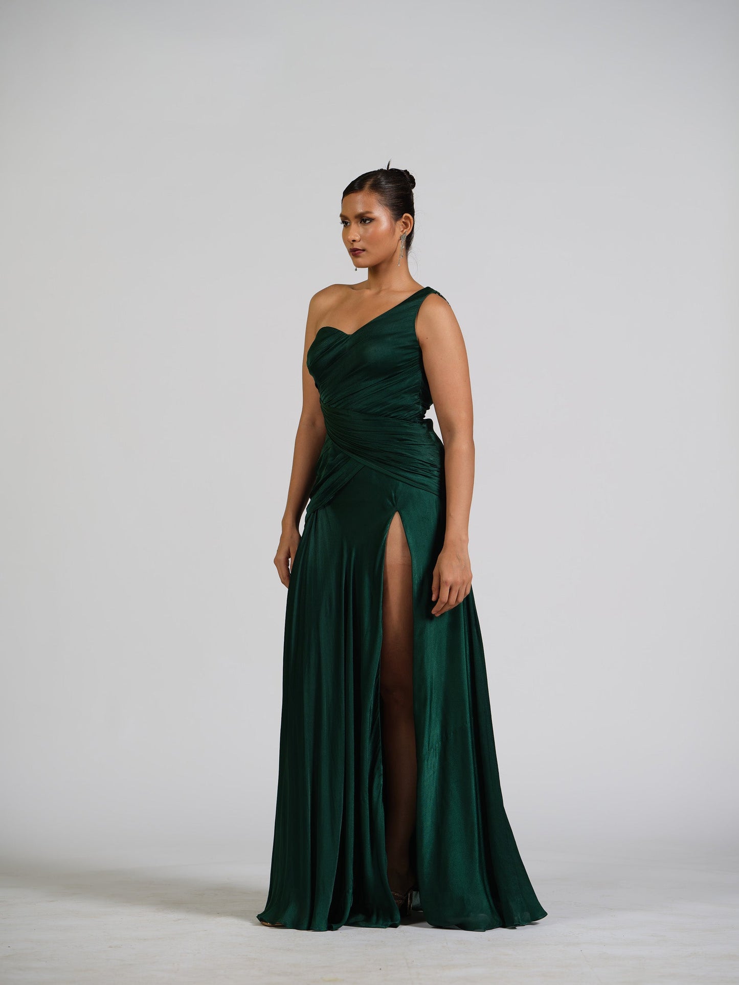 Astra Curve Green One Shoulder Drape Gown With Strappy Back