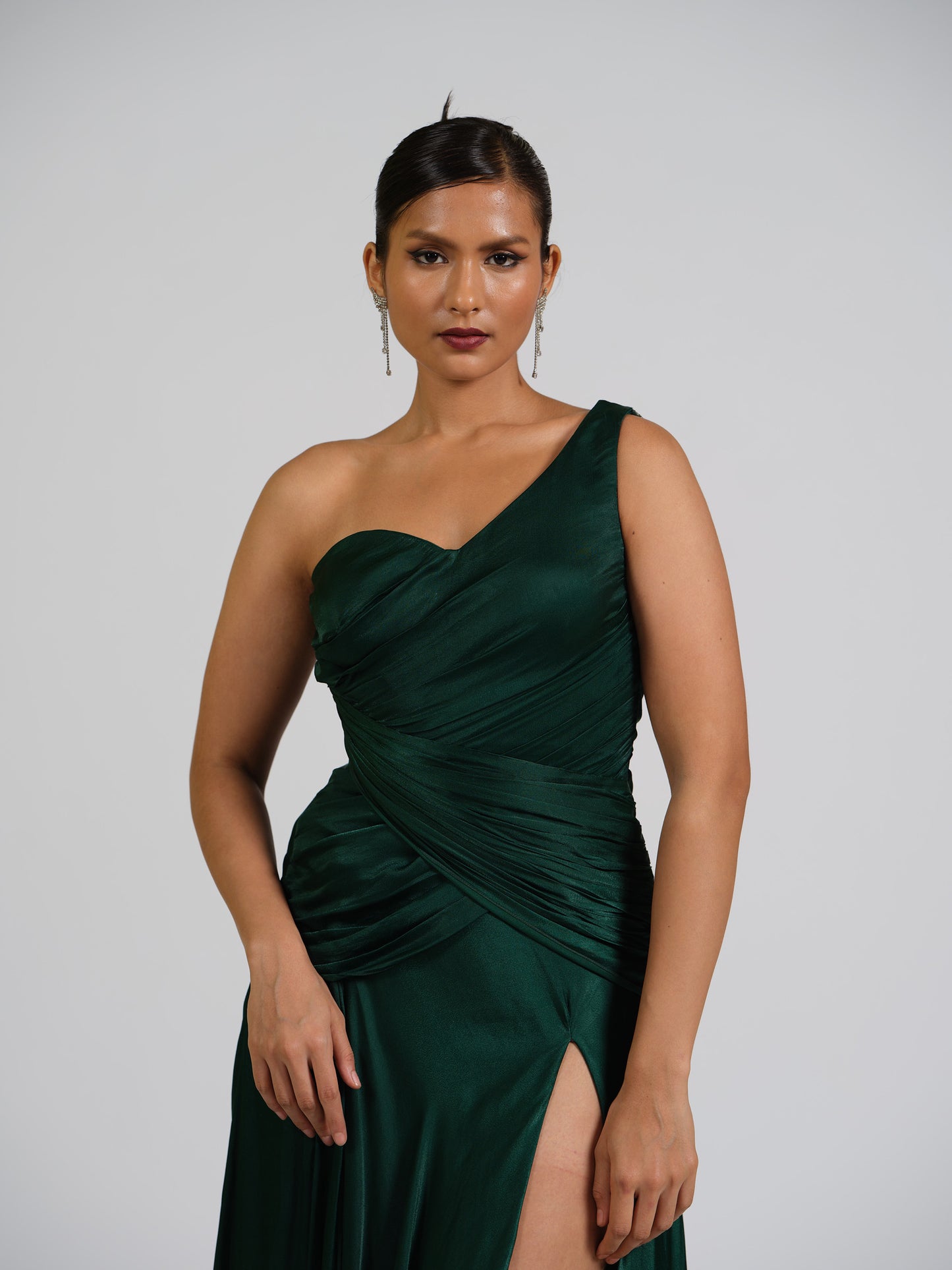Astra Curve Green One Shoulder Drape Gown With Strappy Back