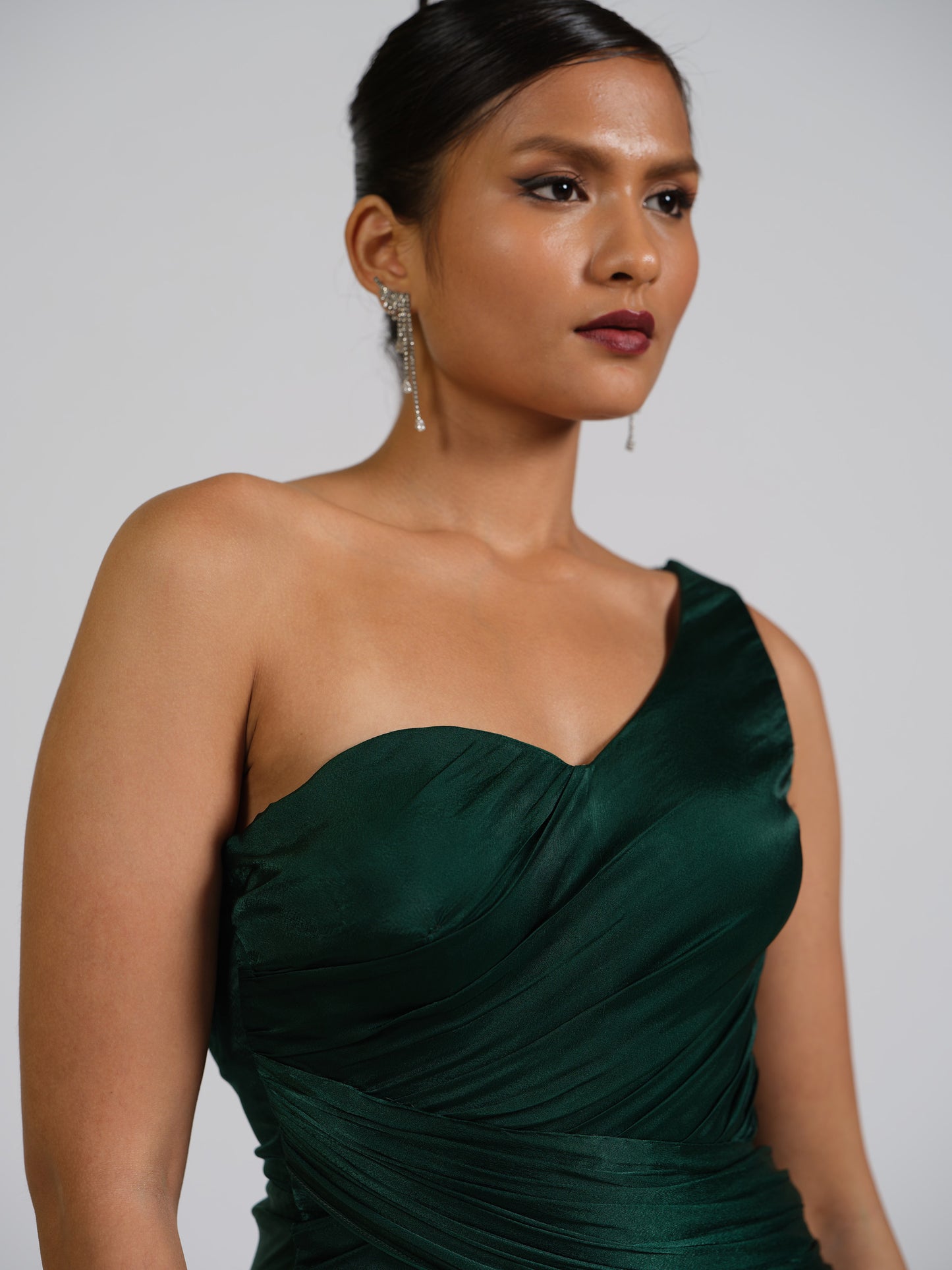 Astra Curve Green One Shoulder Drape Gown With Strappy Back