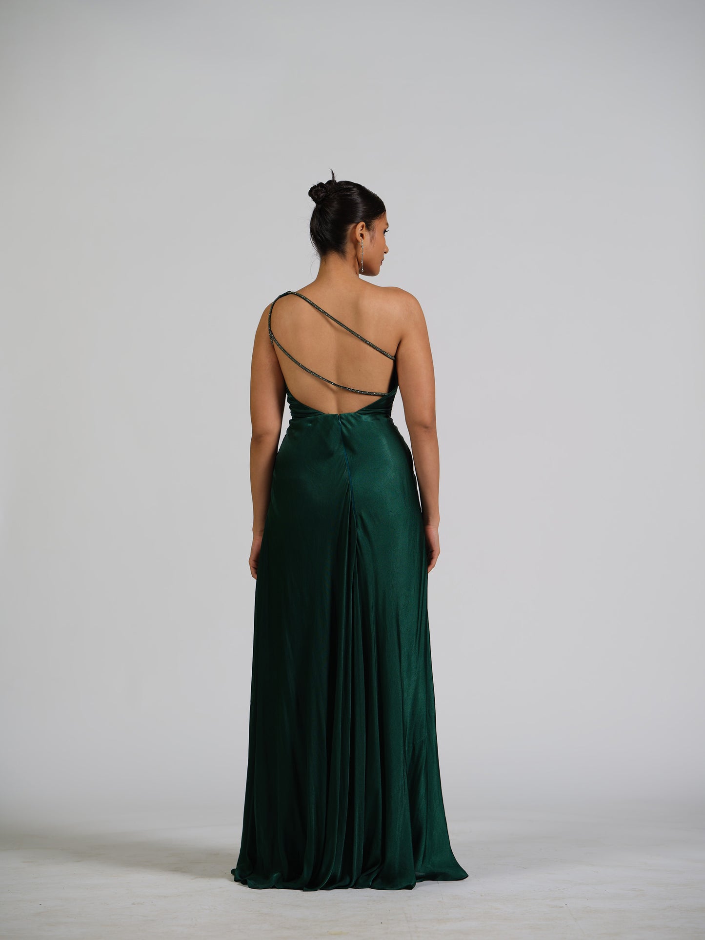 Astra Curve Green One Shoulder Drape Gown With Strappy Back