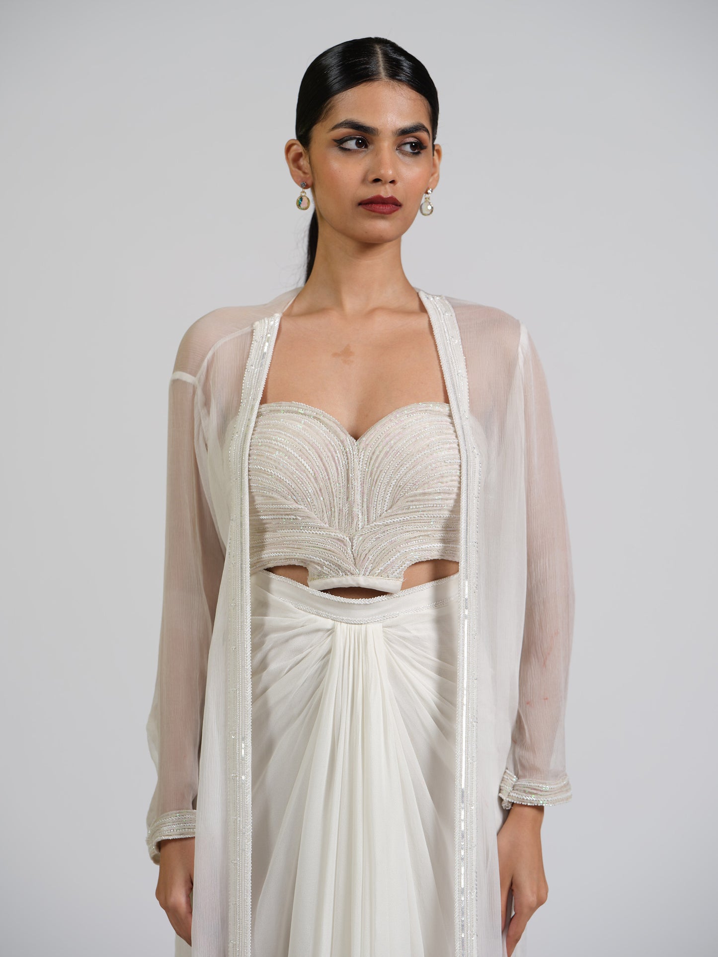 Lumiere Luxe Drape Skirt With Sculpted Center Drape Bustier Paired With Chiffon Flowy Cape