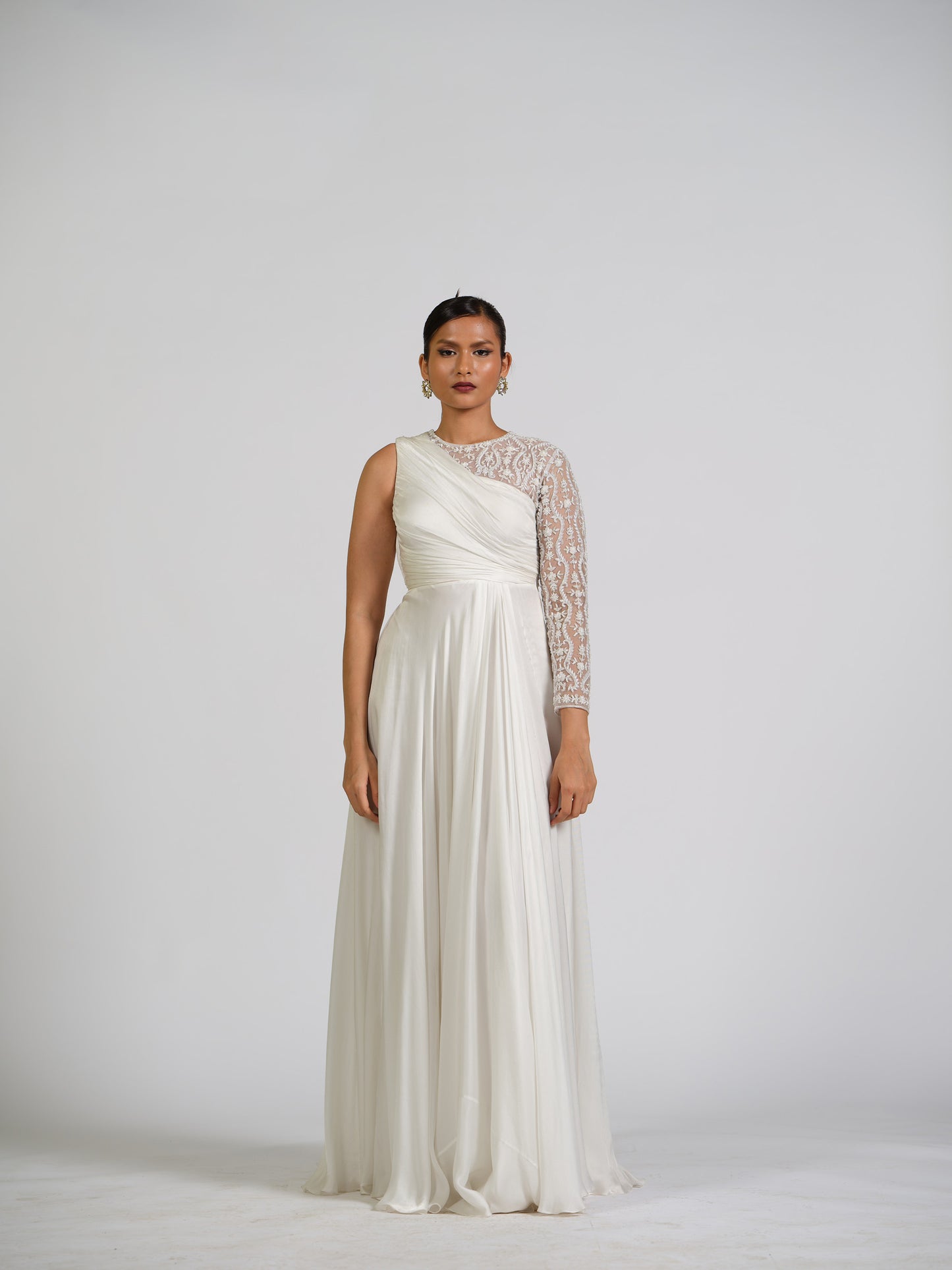 Satin Solstice One Shoulder Full Sleeve Drape Gown