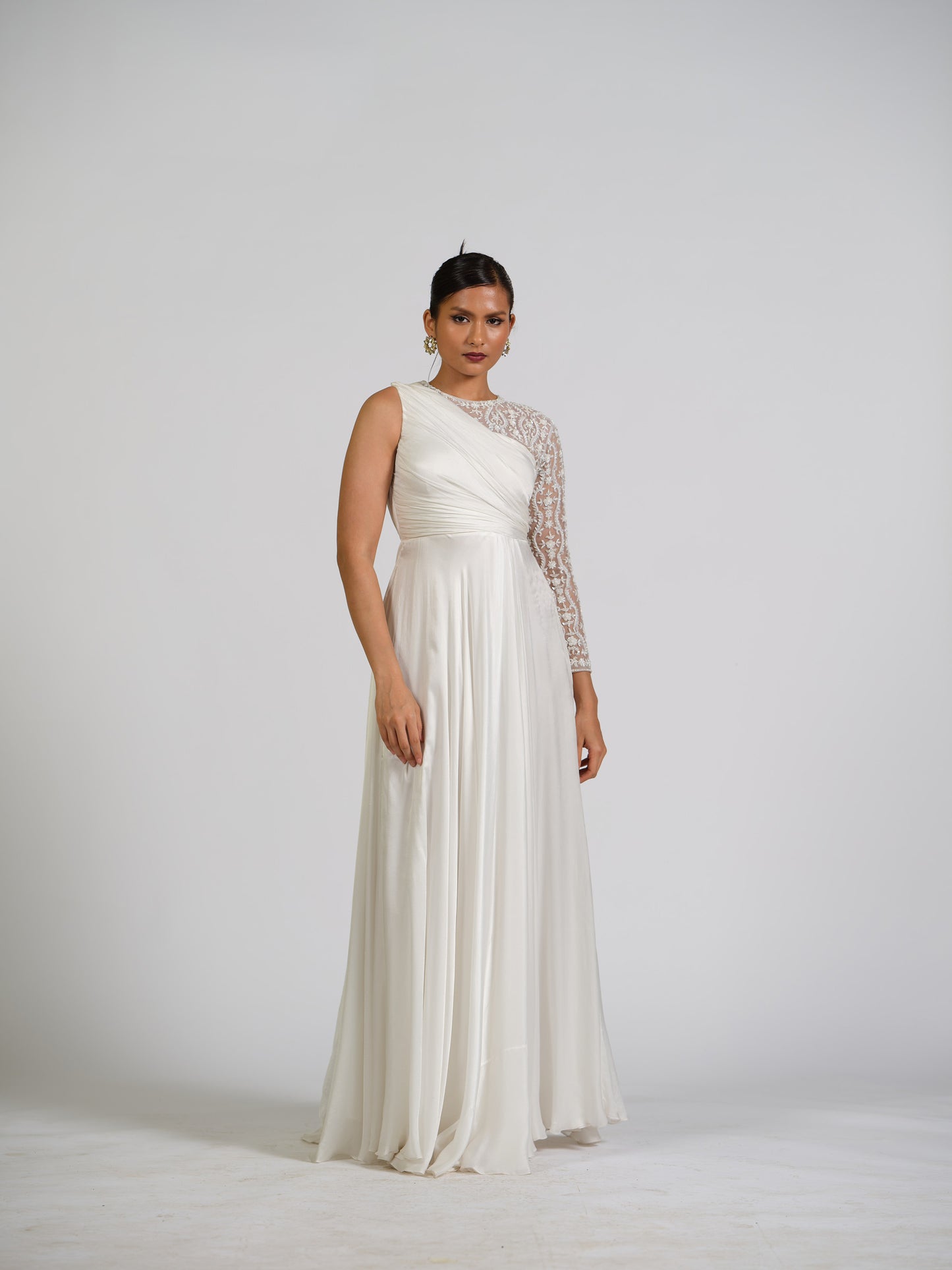 Satin Solstice One Shoulder Full Sleeve Drape Gown