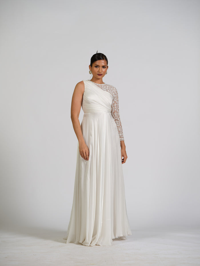 Satin Solstice One Shoulder Full Sleeve Drape Gown