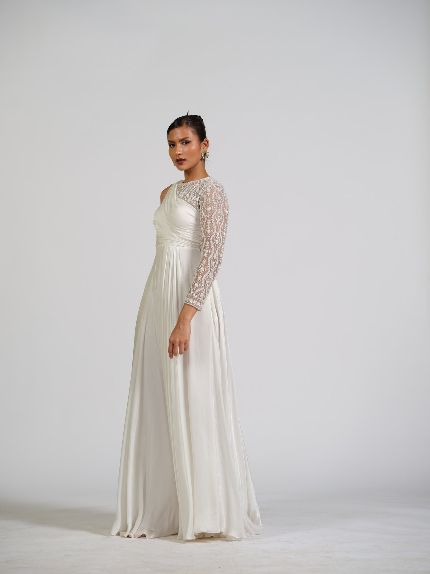 Satin Solstice One Shoulder Full Sleeve Drape Gown