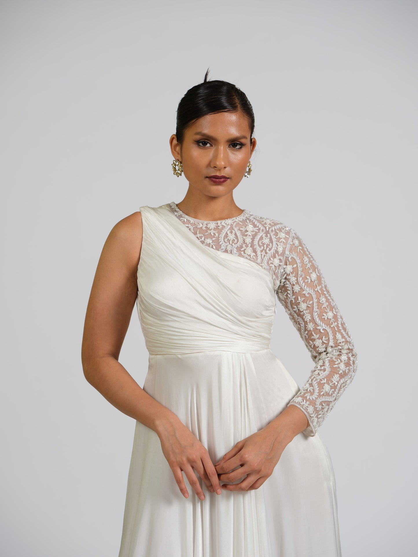 Satin Solstice One Shoulder Full Sleeve Drape Gown