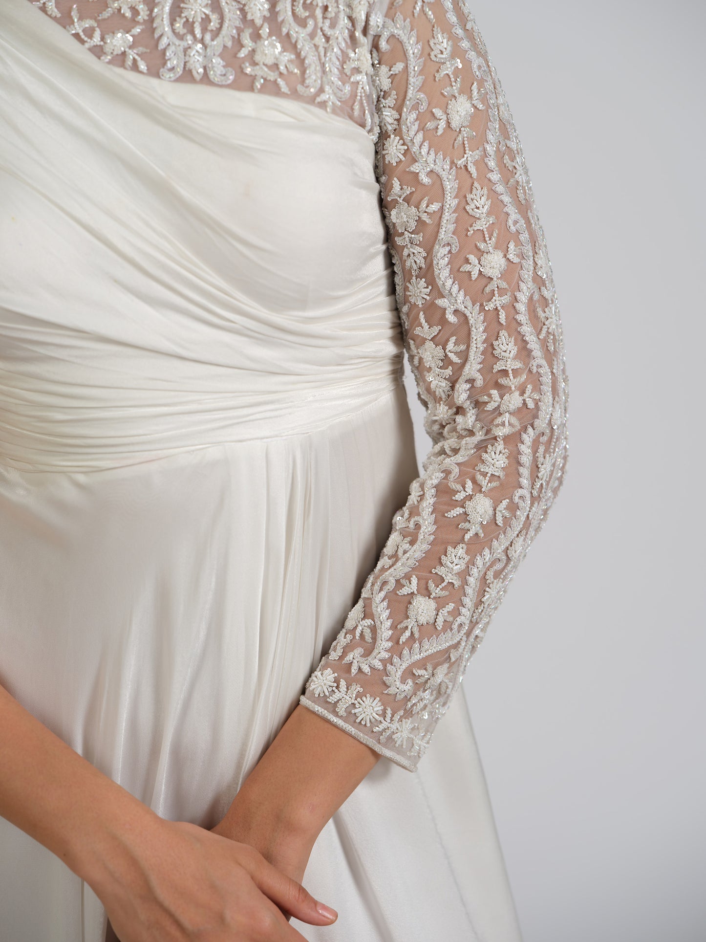 Satin Solstice One Shoulder Full Sleeve Drape Gown