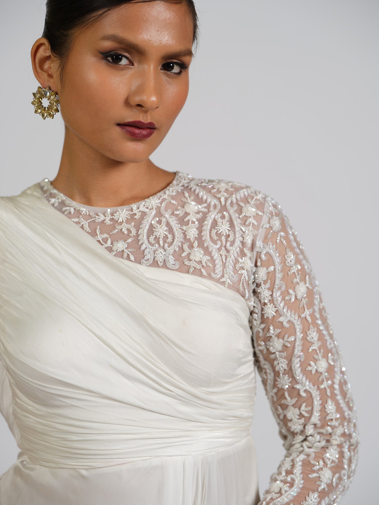 Satin Solstice One Shoulder Full Sleeve Drape Gown