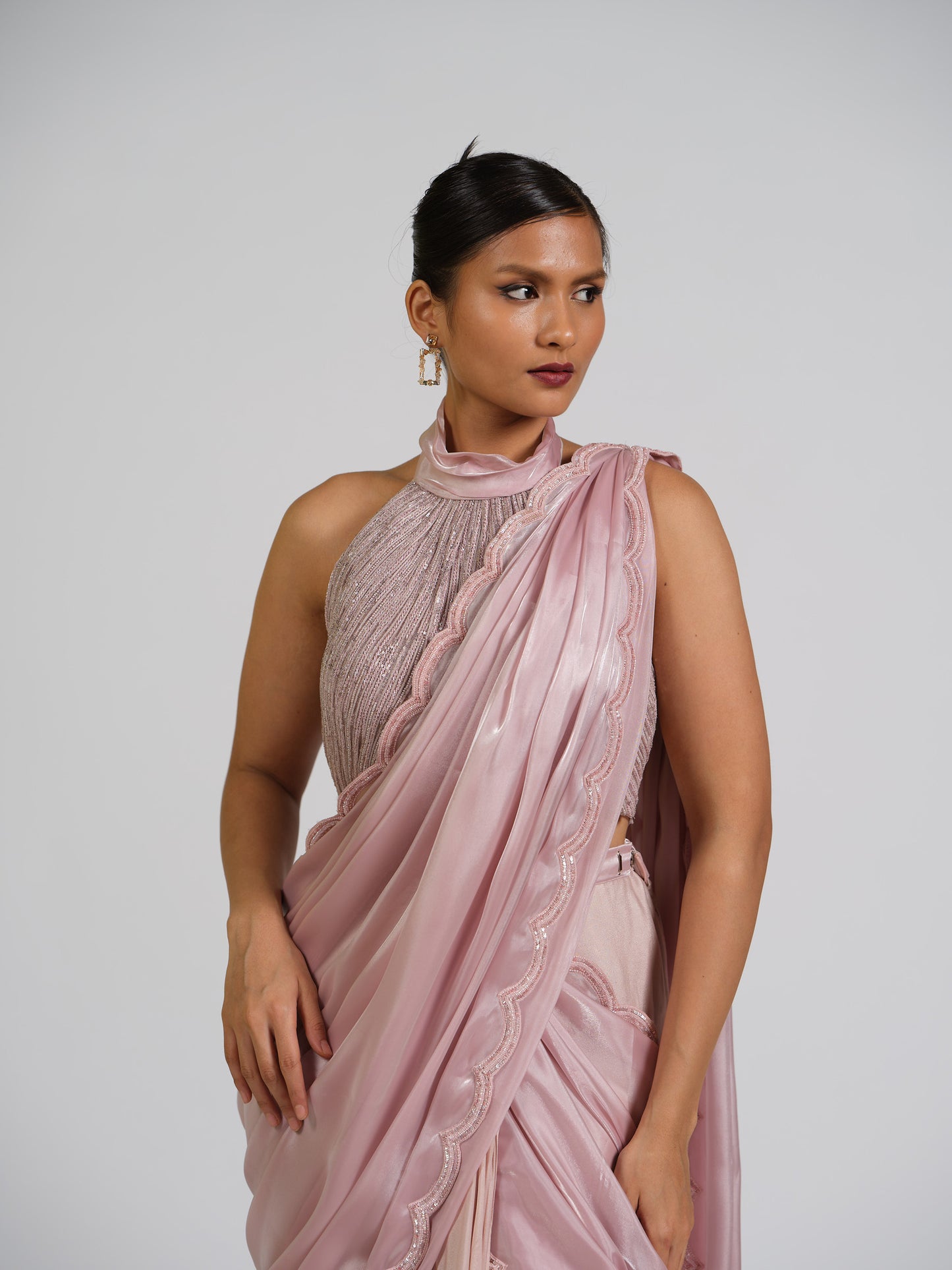 Elora Haze Drape Saree With Sculpted Blouse And Scalloped Border
