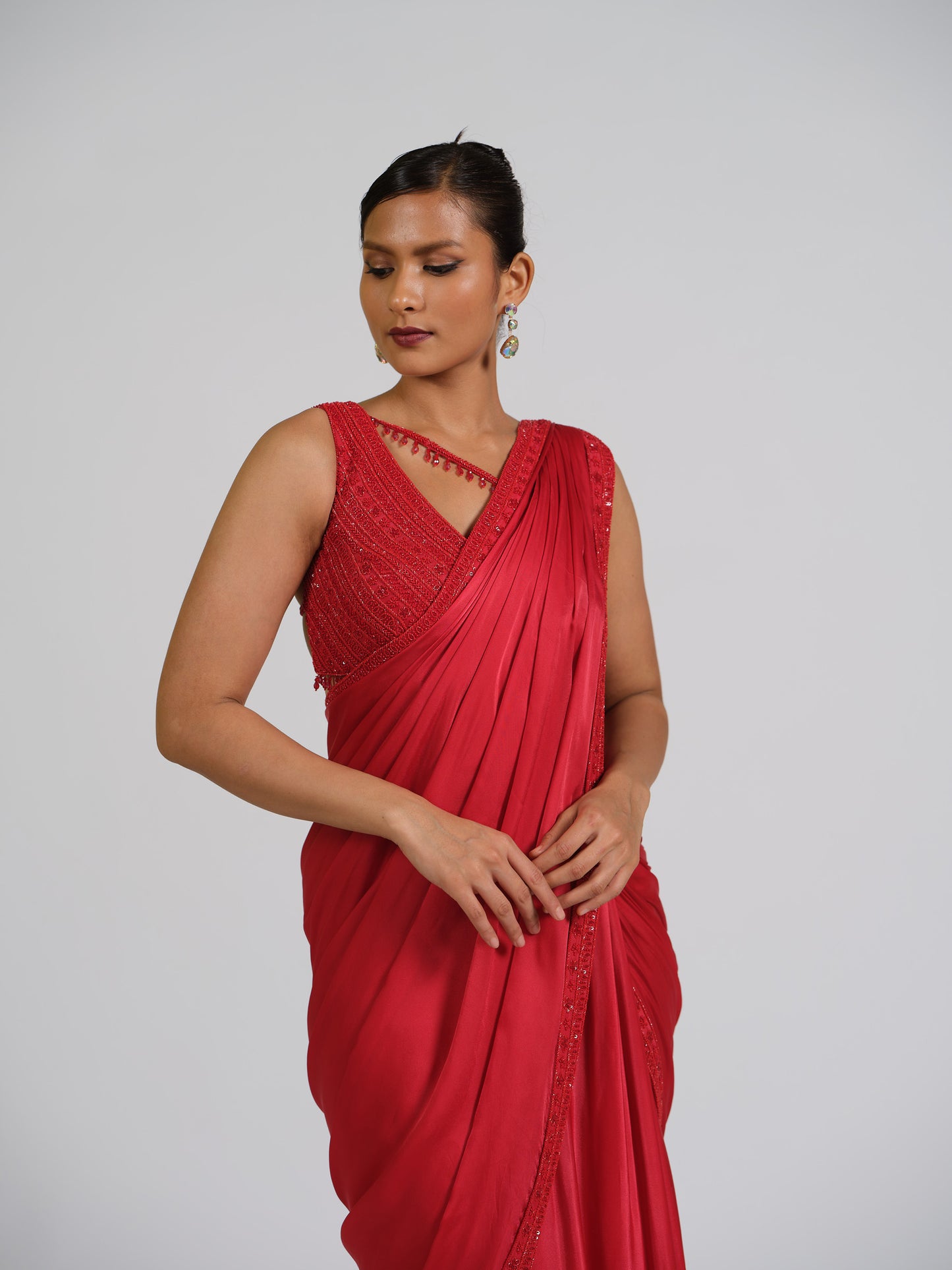 Cosmic Zen Drape Saree With One Shoulder Blouse With Strappy Back Detailing