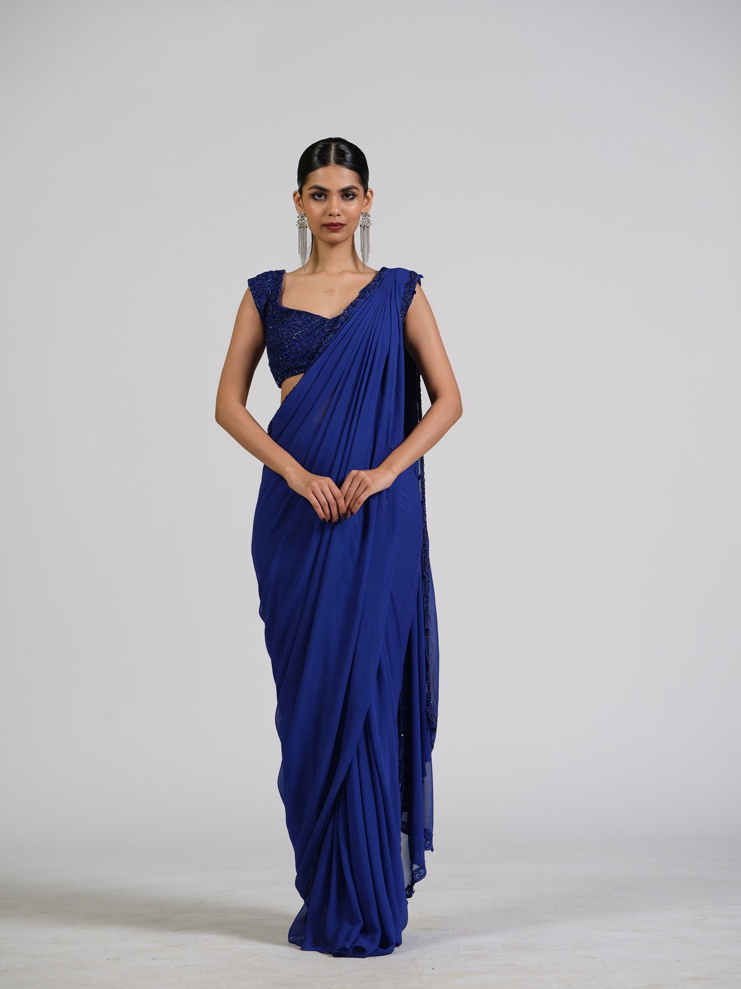 French Flora Drape Saree With Embellished Blouse And Bordered Pallu