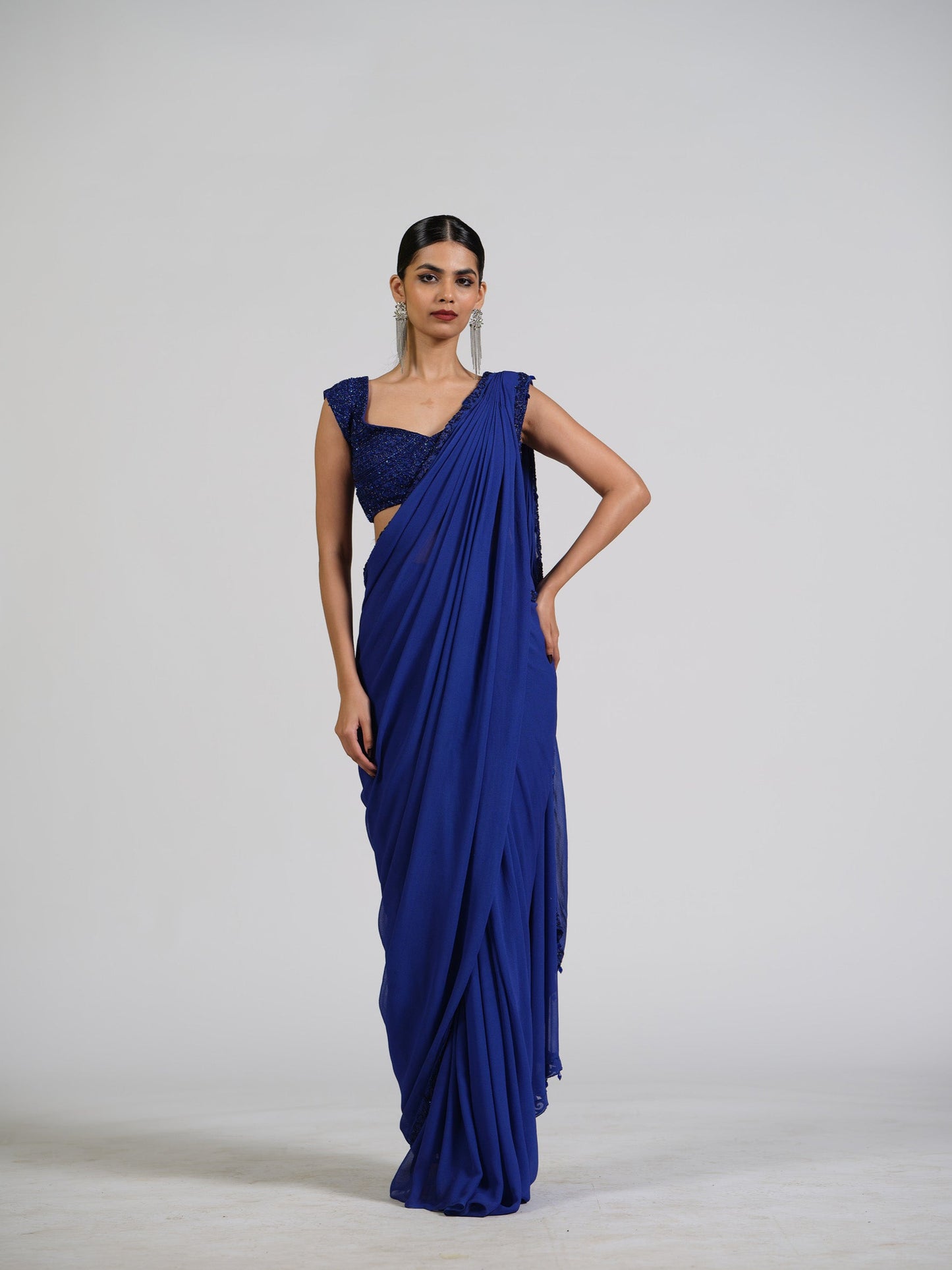 French Flora Drape Saree With Embellished Blouse And Bordered Pallu