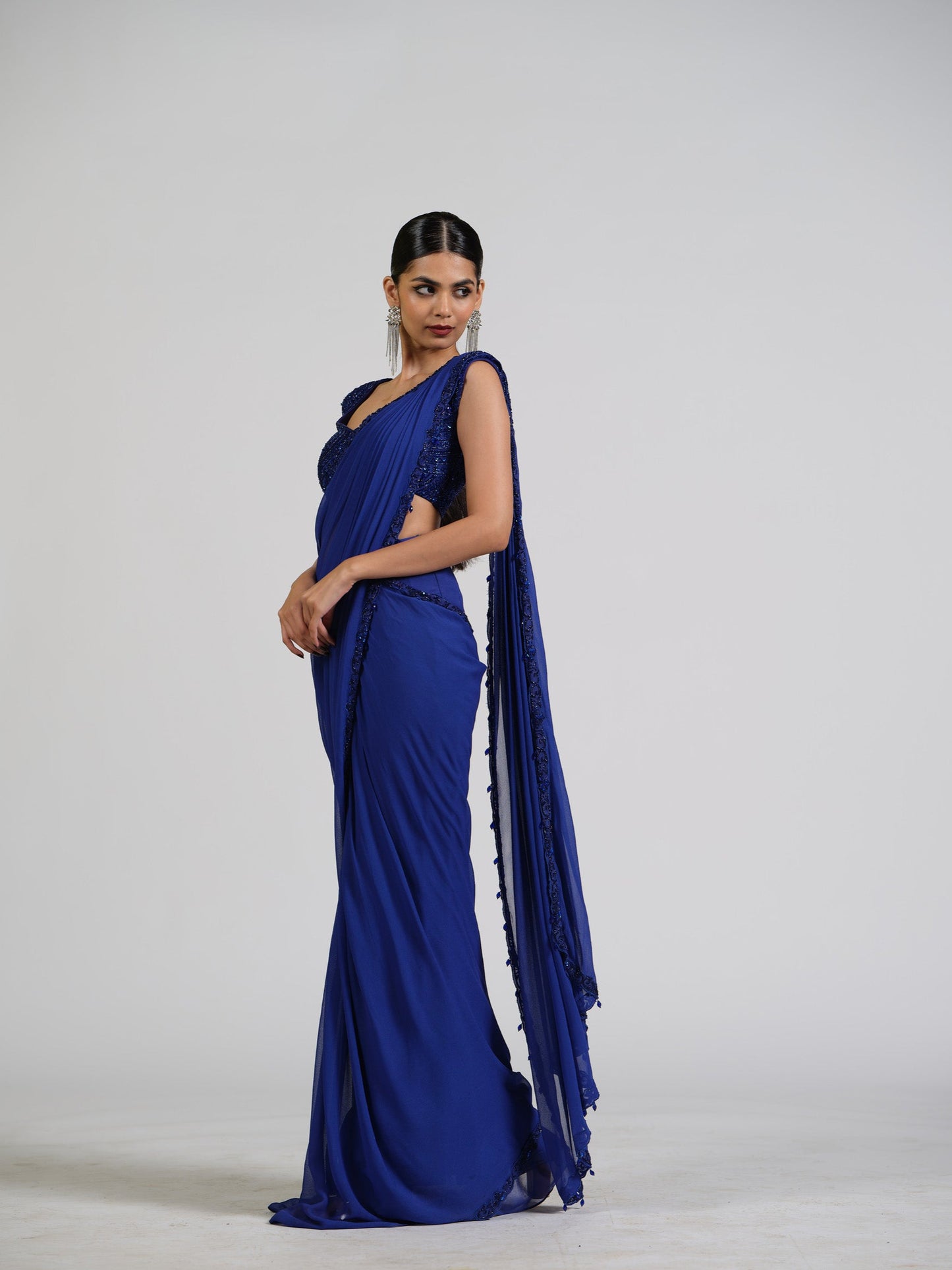 French Flora Drape Saree With Embellished Blouse And Bordered Pallu