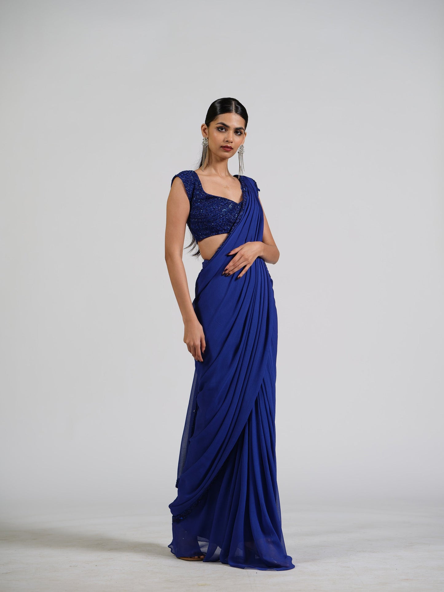 French Flora Drape Saree With Embellished Blouse And Bordered Pallu
