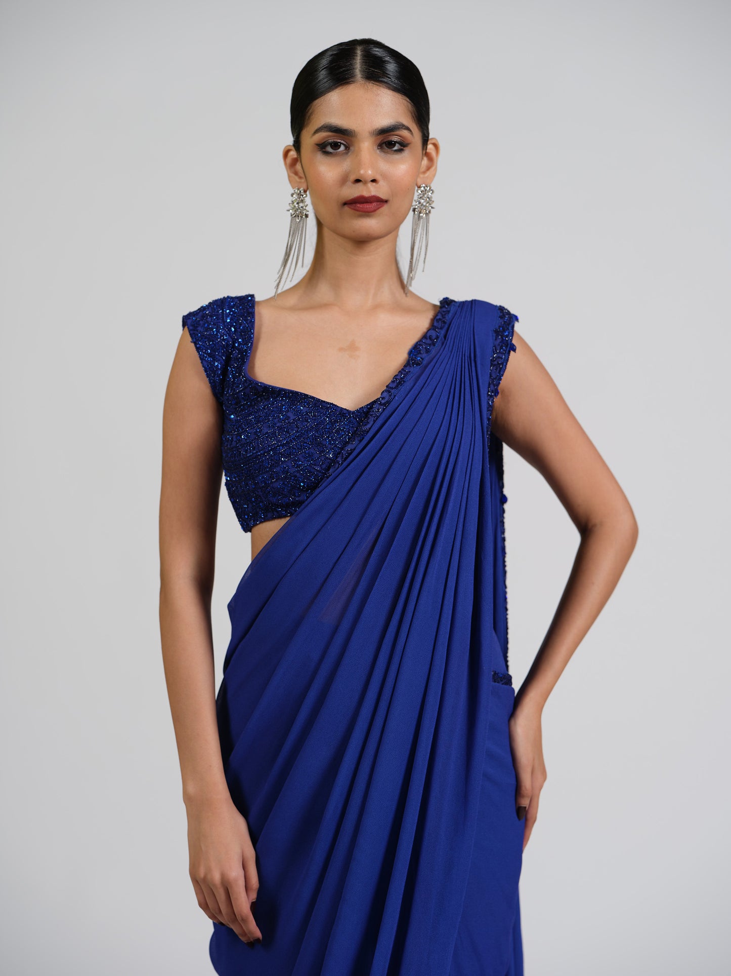 French Flora Drape Saree With Embellished Blouse And Bordered Pallu