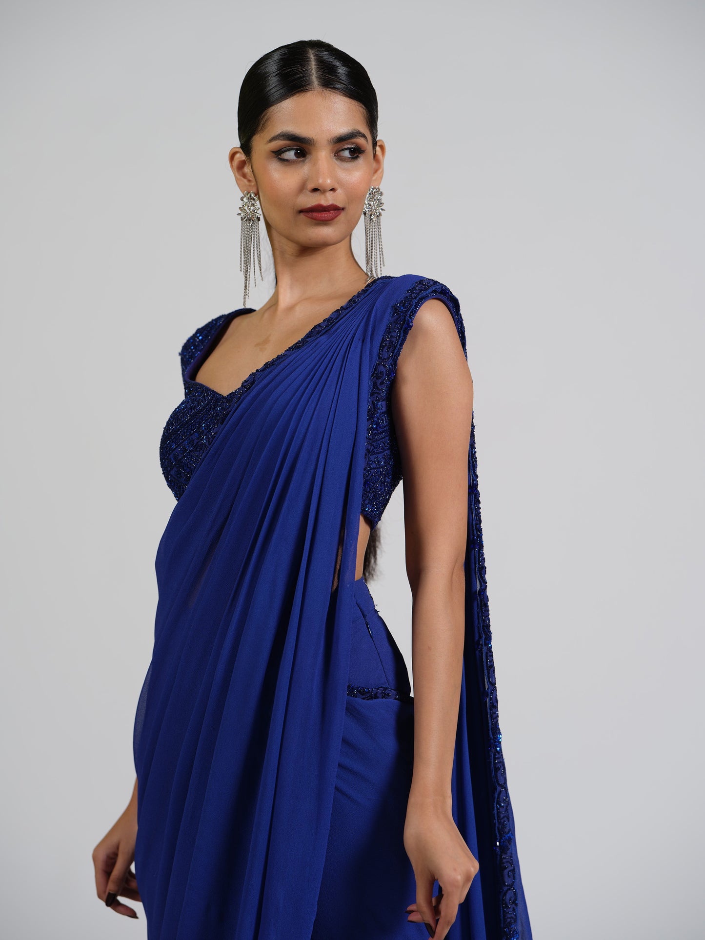 French Flora Drape Saree With Embellished Blouse And Bordered Pallu