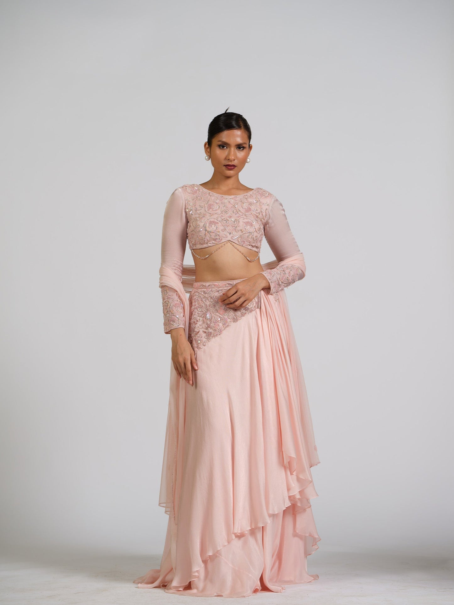 Enigma Drape Skirt Lehenga Set With Boat Neck Embellished Blouse Back Open Style With Net Embroided Dupatta