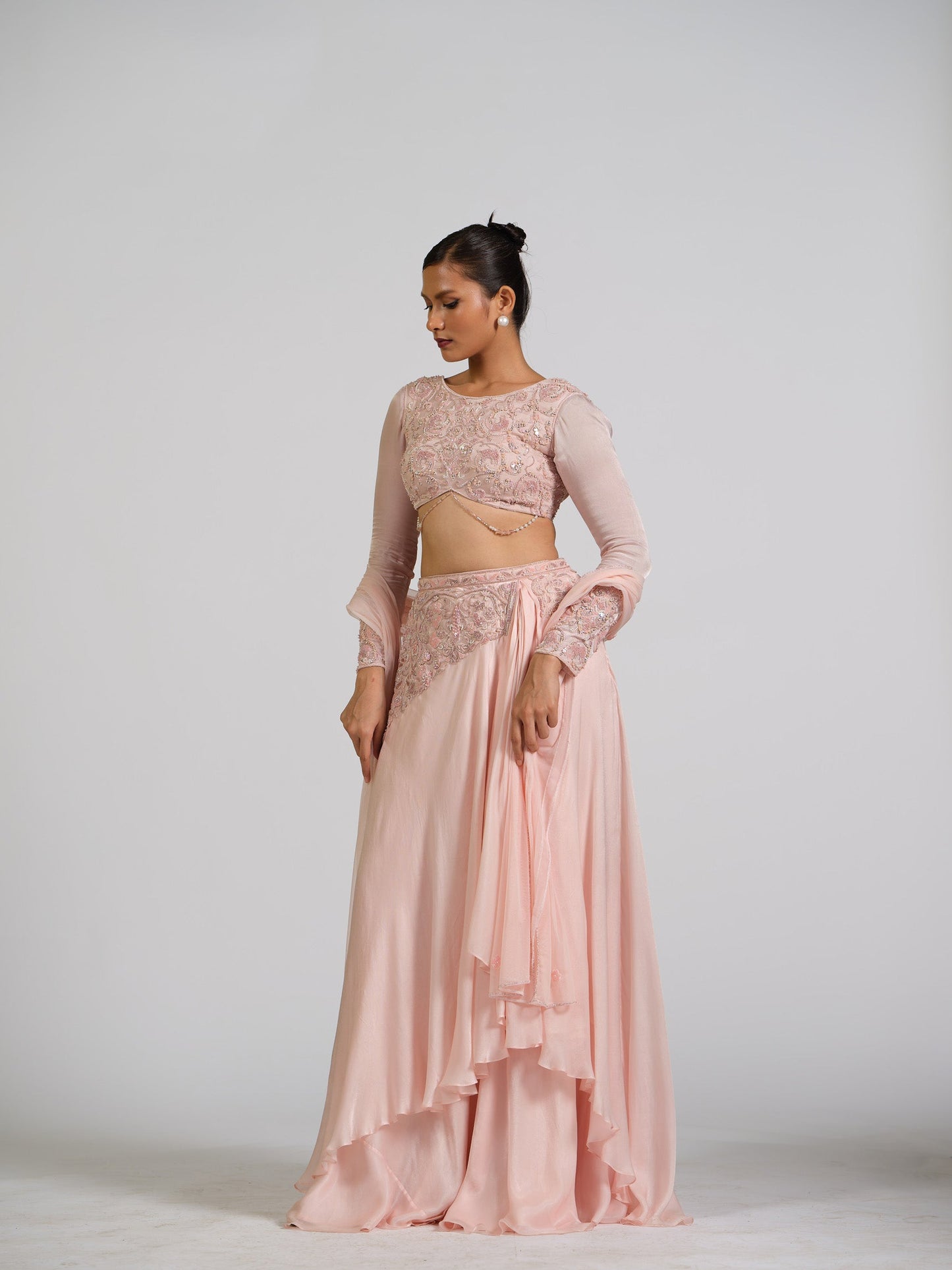 Enigma Drape Skirt Lehenga Set With Boat Neck Embellished Blouse Back Open Style With Net Embroided Dupatta