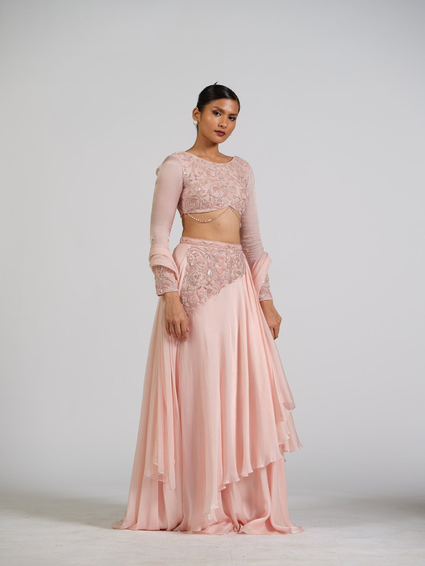 Enigma Drape Skirt Lehenga Set With Boat Neck Embellished Blouse Back Open Style With Net Embroided Dupatta