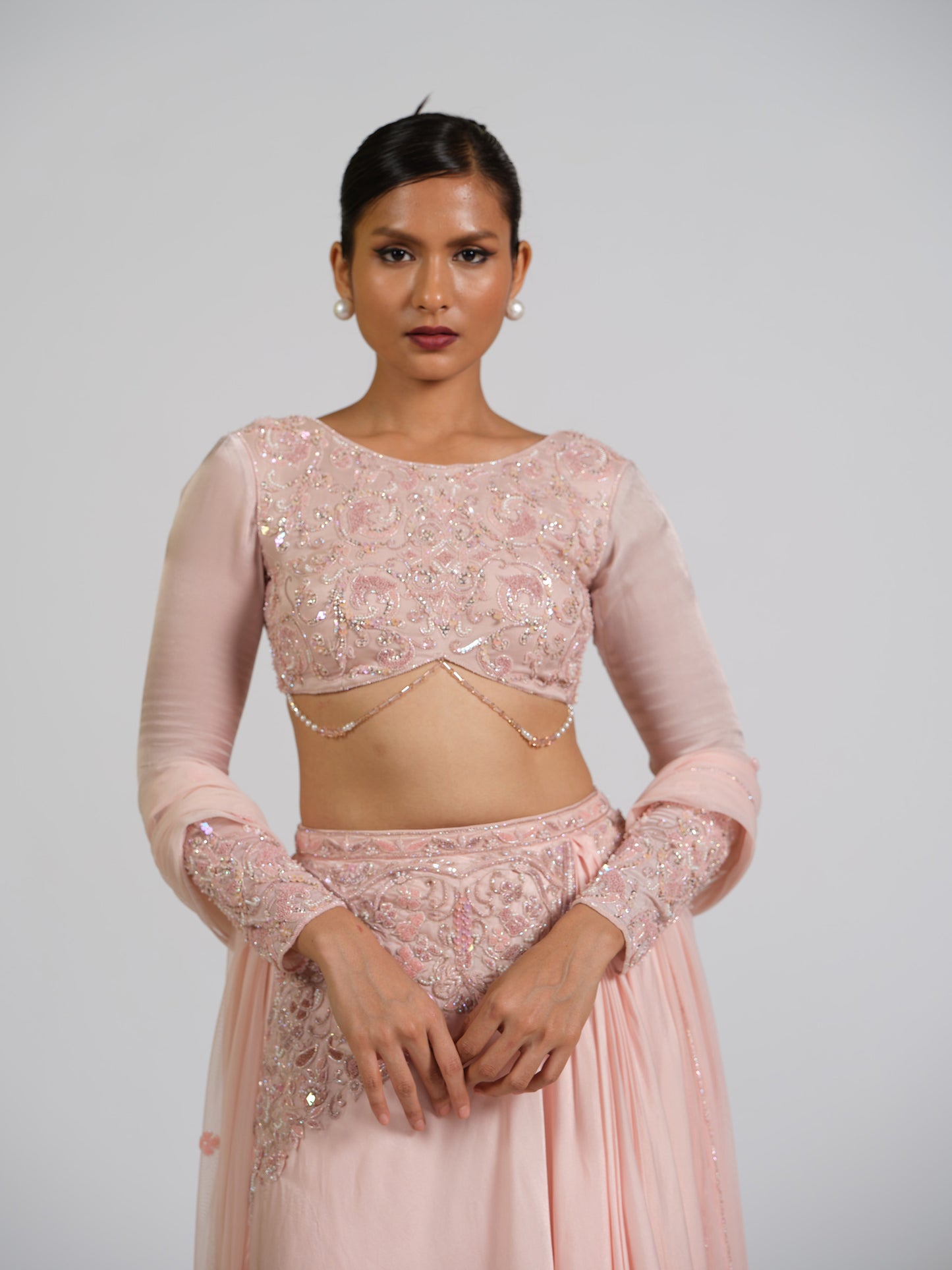 Enigma Drape Skirt Lehenga Set With Boat Neck Embellished Blouse Back Open Style With Net Embroided Dupatta