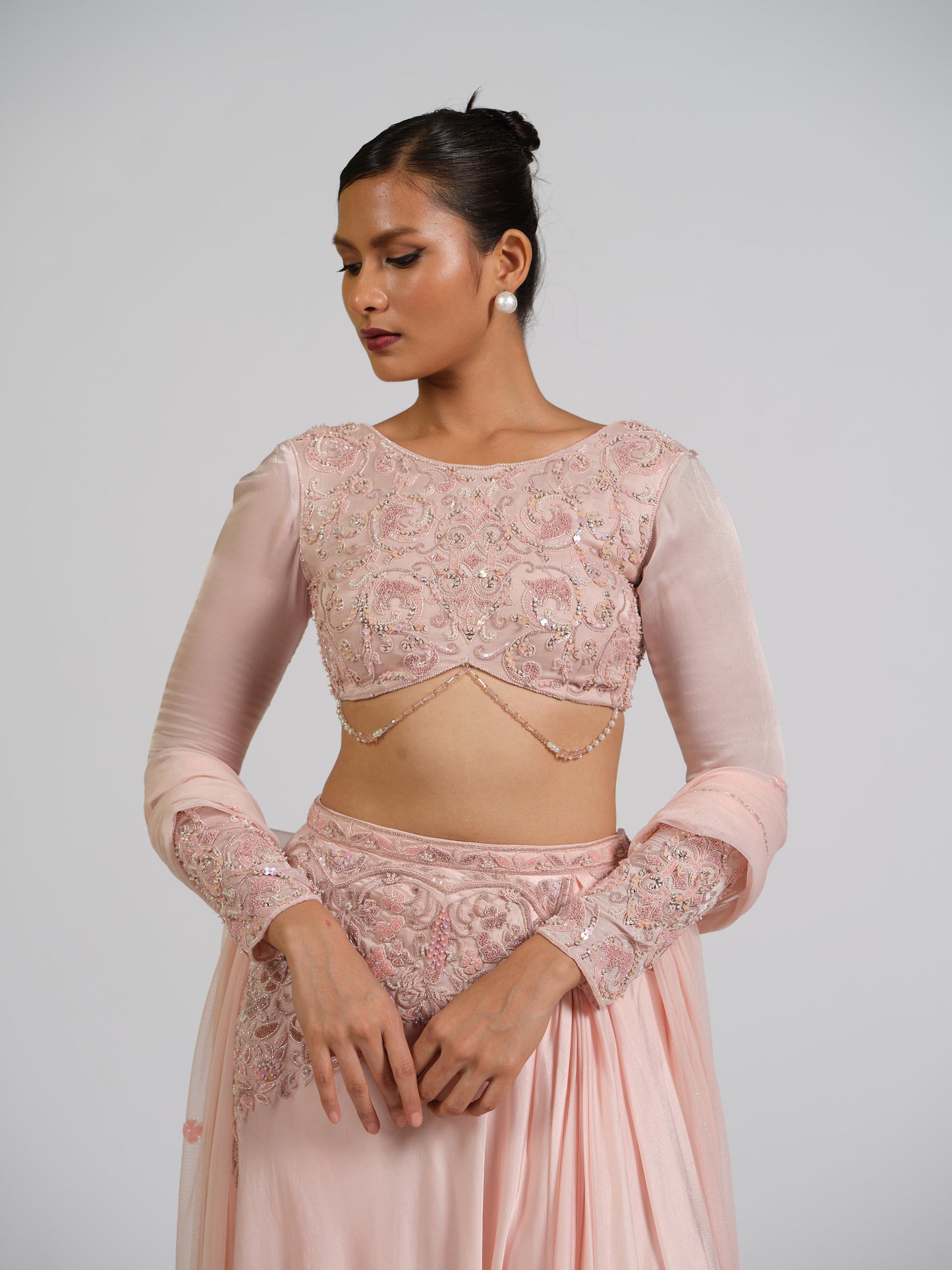 Enigma Drape Skirt Lehenga Set With Boat Neck Embellished Blouse Back Open Style With Net Embroided Dupatta