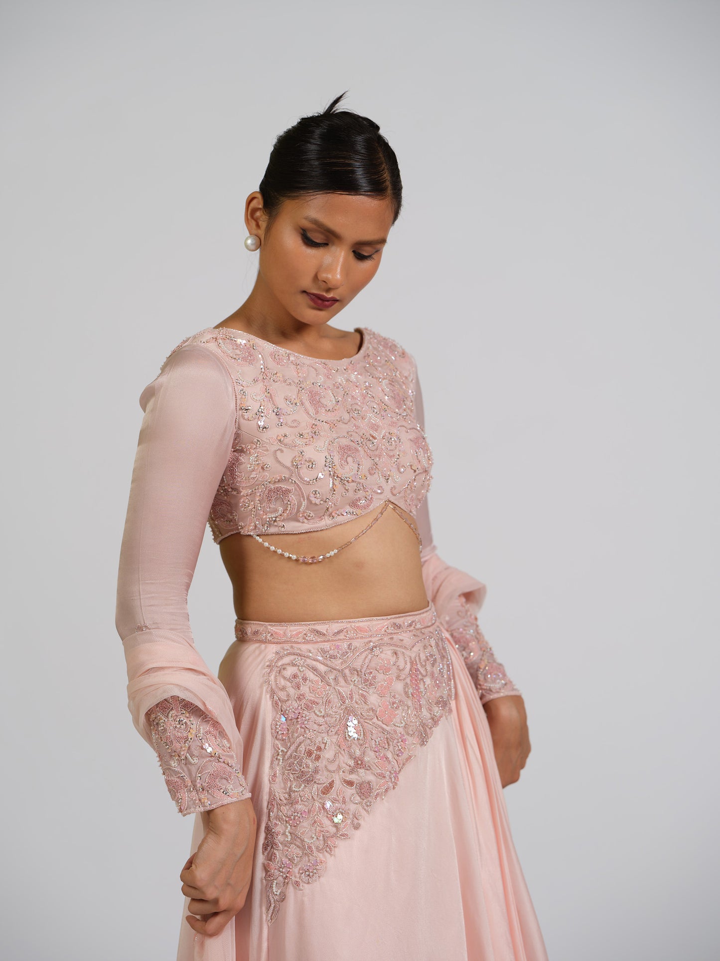 Enigma Drape Skirt Lehenga Set With Boat Neck Embellished Blouse Back Open Style With Net Embroided Dupatta