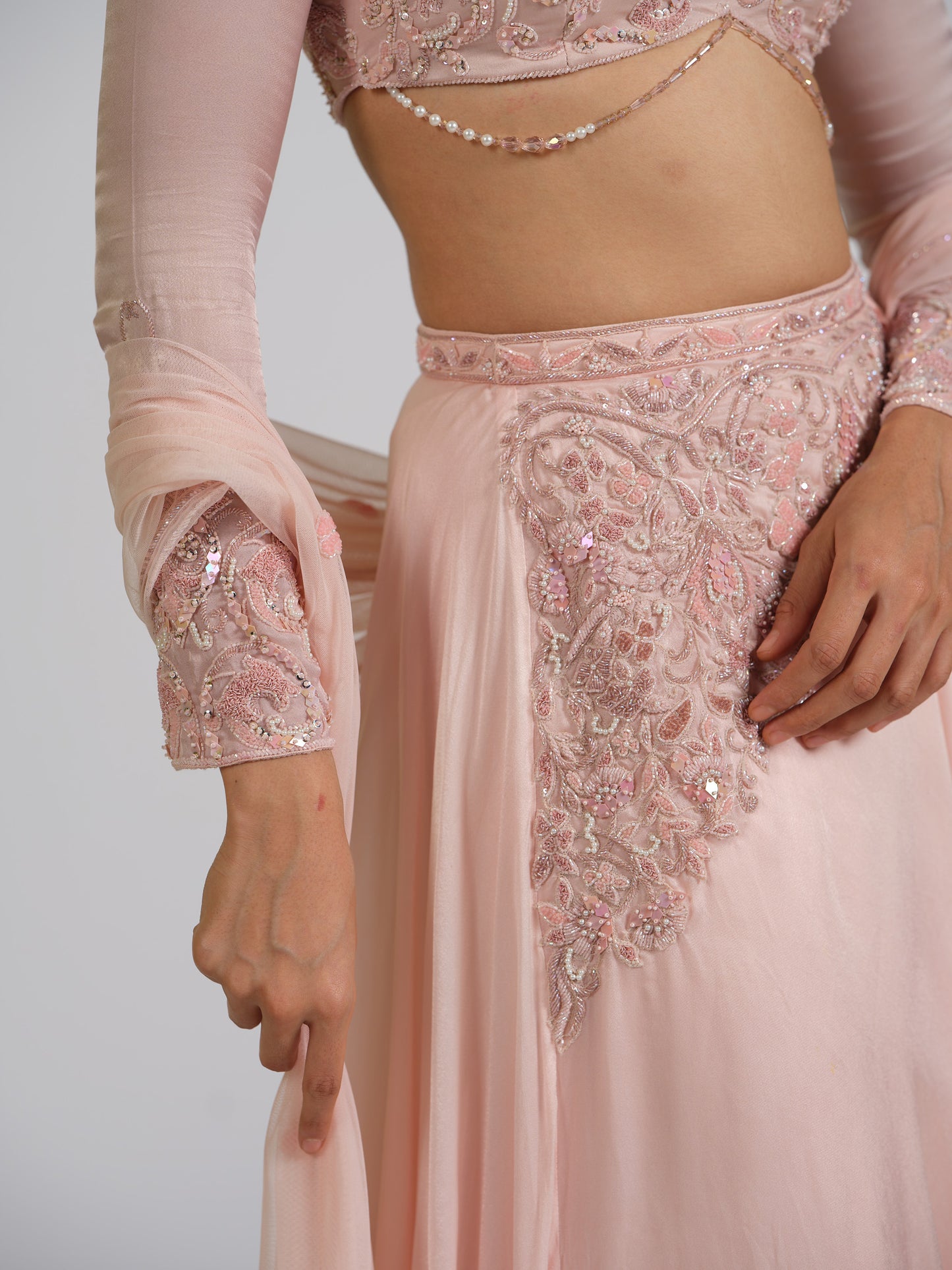 Enigma Drape Skirt Lehenga Set With Boat Neck Embellished Blouse Back Open Style With Net Embroided Dupatta