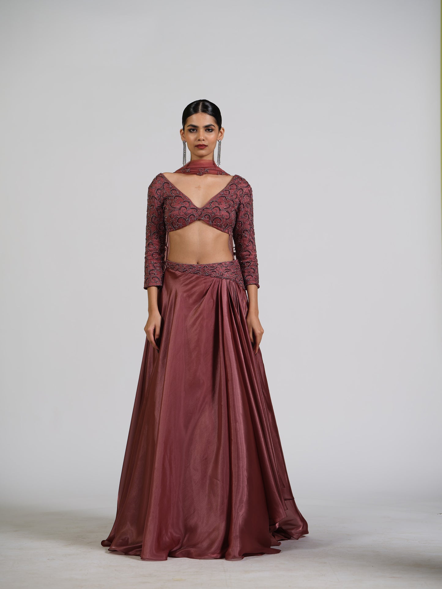 Zella Tissue Drape Skirt Lehenga Set With Embellished Blouse And Net Scalloped Dupatta