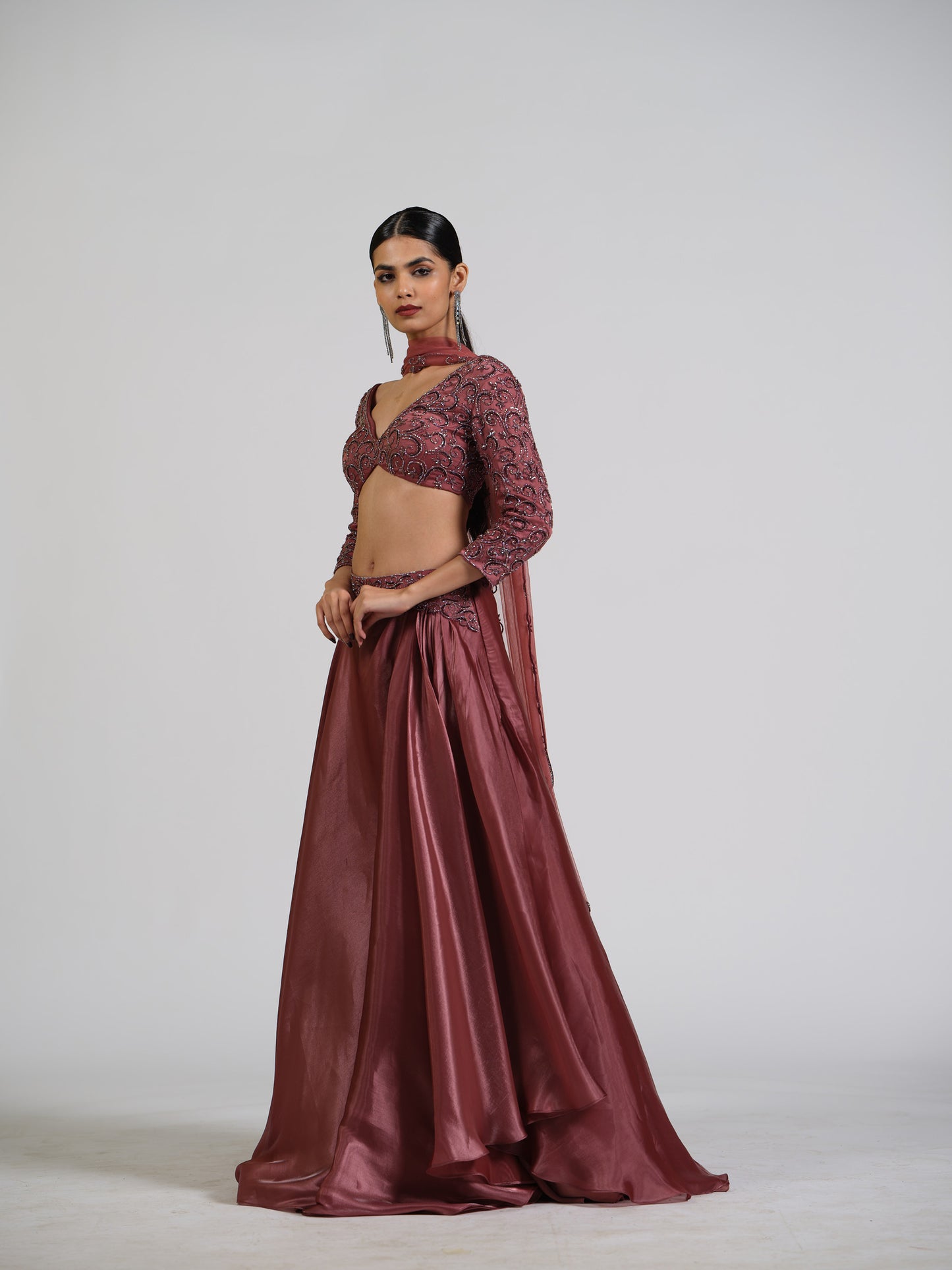 Zella Tissue Drape Skirt Lehenga Set With Embellished Blouse And Net Scalloped Dupatta