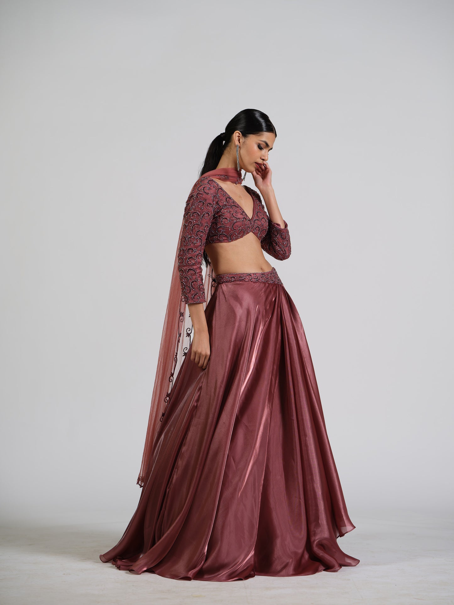 Zella Tissue Drape Skirt Lehenga Set With Embellished Blouse And Net Scalloped Dupatta