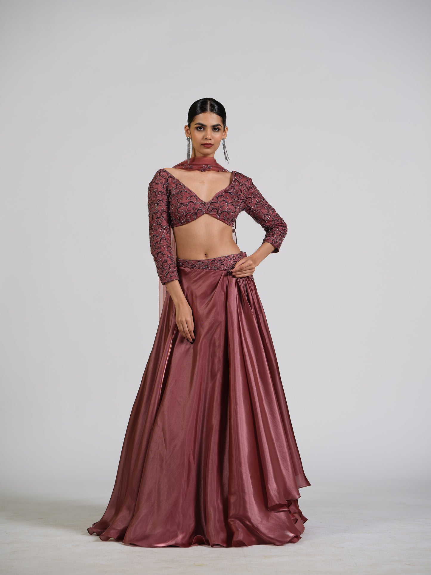 Zella Tissue Drape Skirt Lehenga Set With Embellished Blouse And Net Scalloped Dupatta