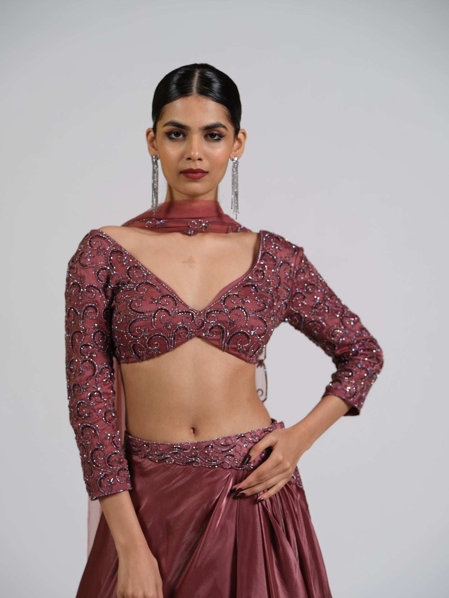 Zella Tissue Drape Skirt Lehenga Set With Embellished Blouse And Net Scalloped Dupatta