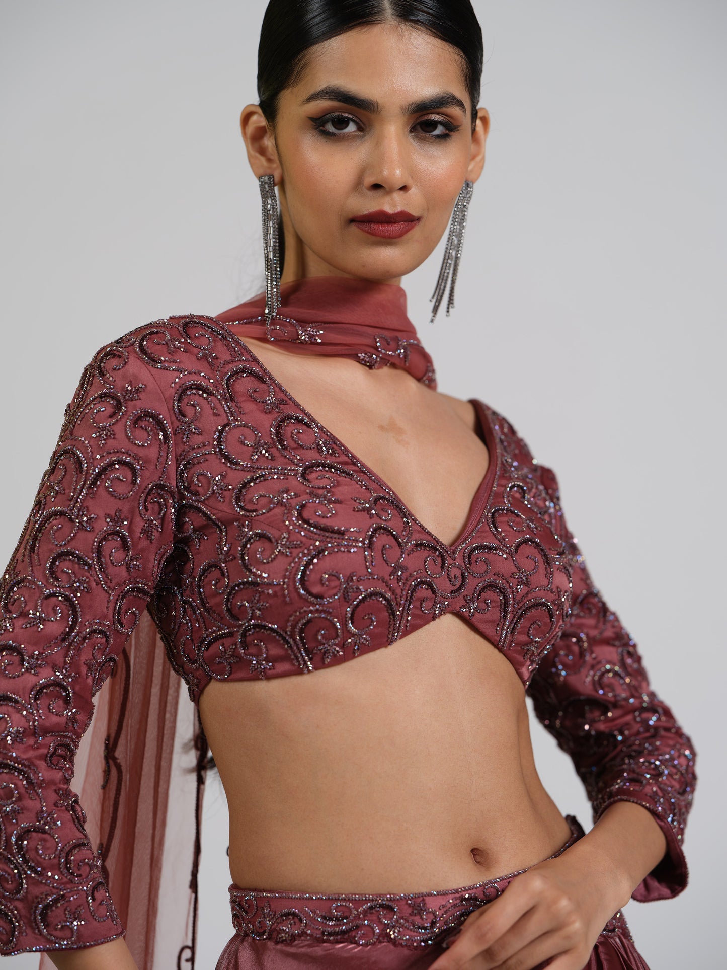 Zella Tissue Drape Skirt Lehenga Set With Embellished Blouse And Net Scalloped Dupatta