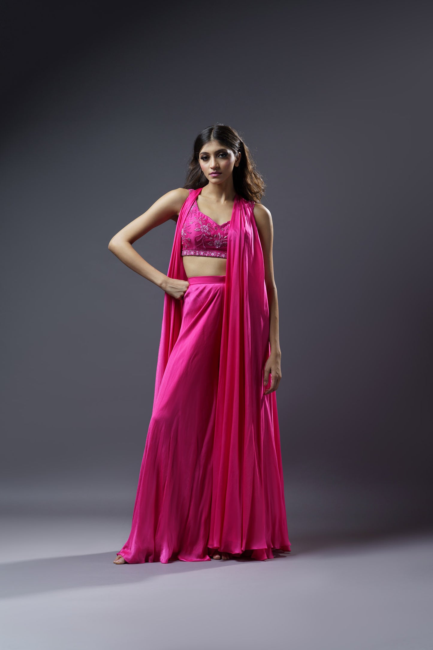 Pink Crop-top Pallazo With A Cape
