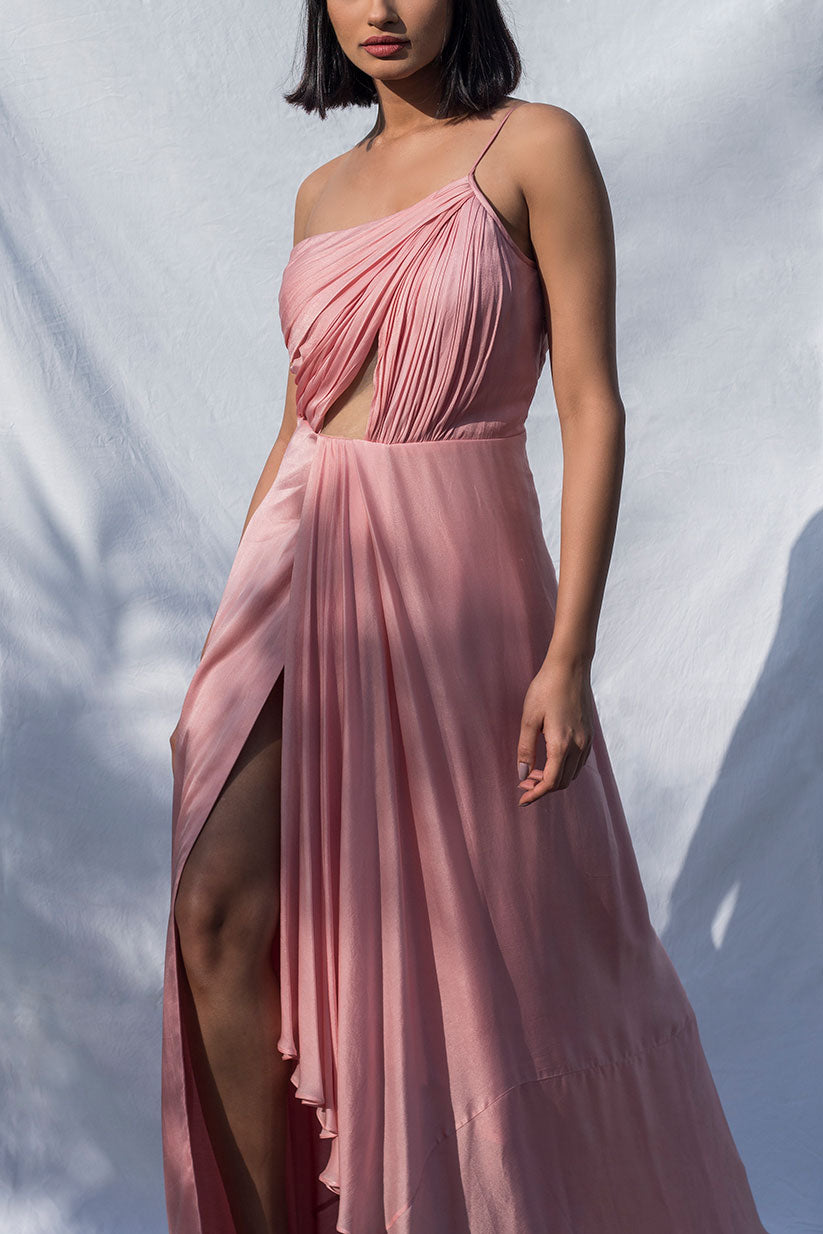 Pink Pleated One Shoulder Dress