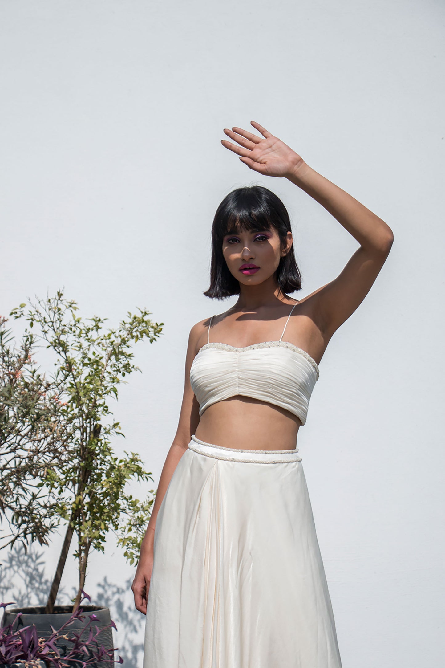 Off White Lehenga With Pleated Blouse