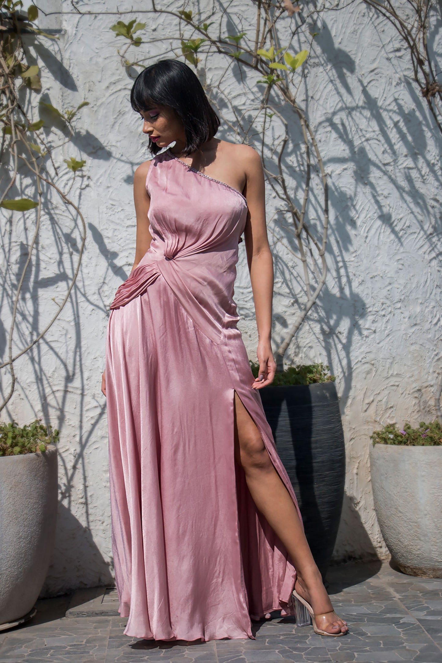 Mauve One Shoulder Waist Drape Gown
