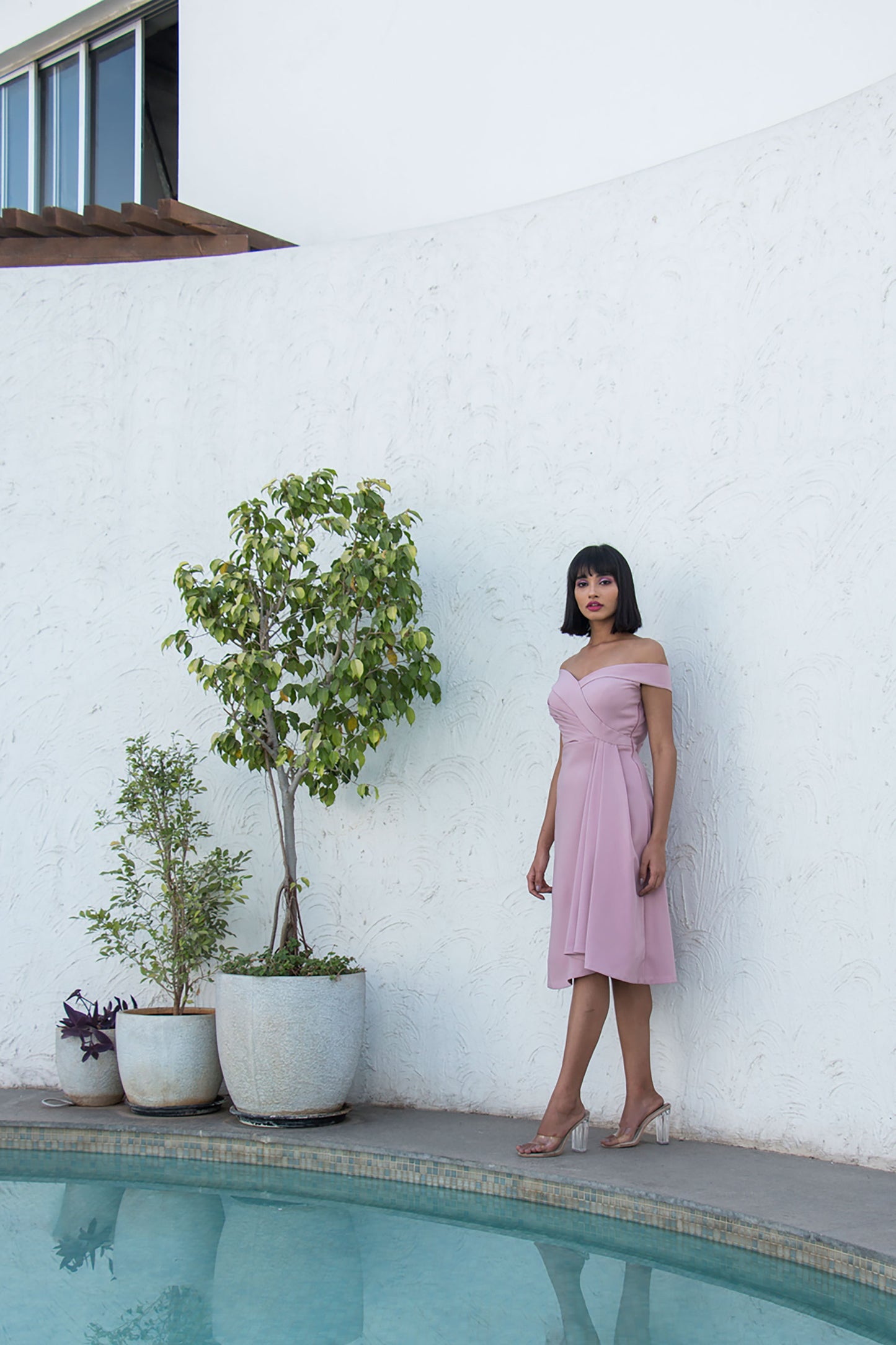 Pink Off Shoulder Drape Dress